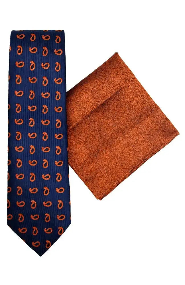 L A Smith Blue and Orange Paisley Tie and Pocket Square Set - Stylish Accessories for Weddings, Business Meetings & Formal Events