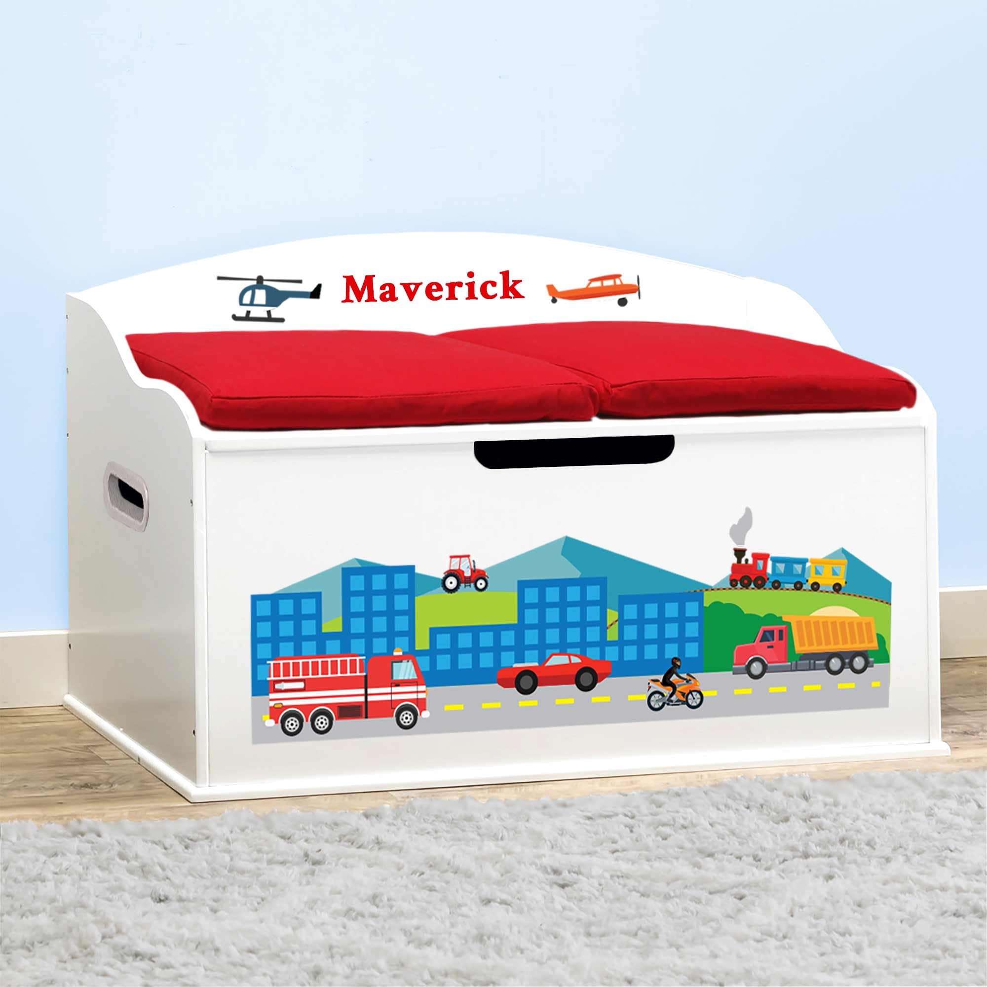 DIBSIES Personalized Creative Wonders Toy Box for Kids - Cars, Trucks, Planes & Trains Storage Organizer (White) | Perfect for Nursery, Playroom & Daycare Organization