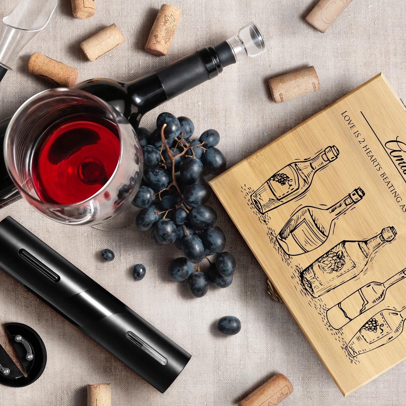 Premium Electric Wine Opener Set - Personalized Wedding & Anniversary Gift for Couples - Wine Lover Accessories Kit with Engraved Wooden Box - Perfect for Romantic Dinners, Housewarming Parties & Wine Tasting Events