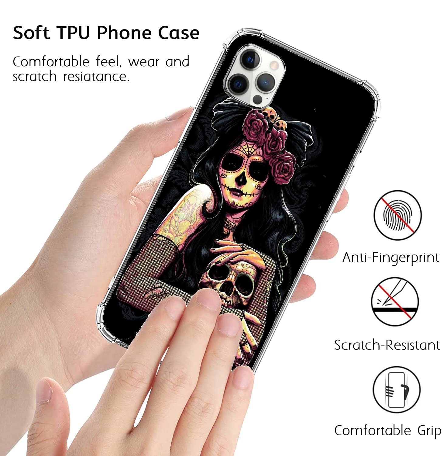 Trendy Sugar Skull Floral Phone Case for iPhone 13 Pro Max - Gothic Aesthetic TPU Bumper Cover for Women & Men - Perfect for Halloween, Day of the Dead, and Alternative Fashion Lovers