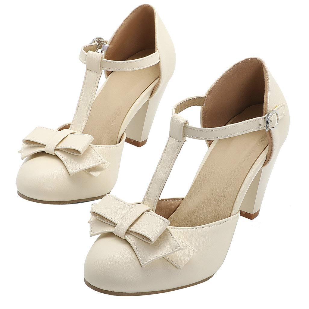 Shinelly Women's Rockabilly Style T-Strap Mary Jane Pumps with Bow Accent - 3 Inch Cone Heel, Round Toe Vintage Shoes for Retro Parties, Swing Dancing & Pinup Fashion