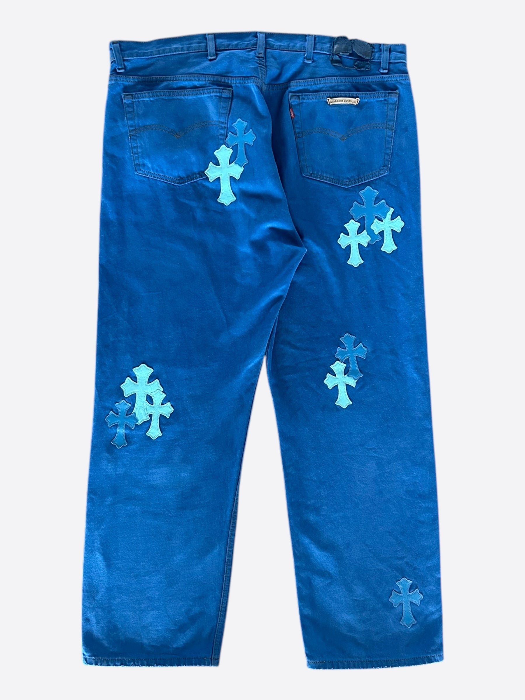Chrome Hearts x Levi's London Exclusive Blue Dyed Cross Patch Denim Jeans for Men - Vintage Distressed Skinny Fit Pants | Perfect for Streetwear, Fashion Shows & Night Out