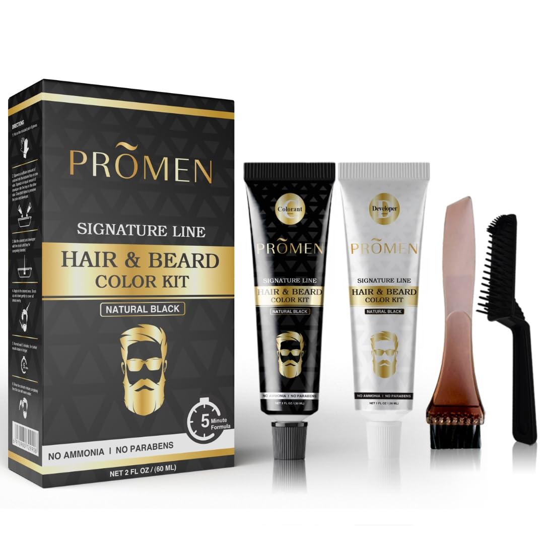 BEMEN Hair & Beard Color Kit for Men - 5-10 Minute Mustache & Hair Dye - Easy Application, No Stain, Long-Lasting Shine - Natural Black Beard Color | Perfect for Home Use, Touch-Ups, and Professional-Looking Results