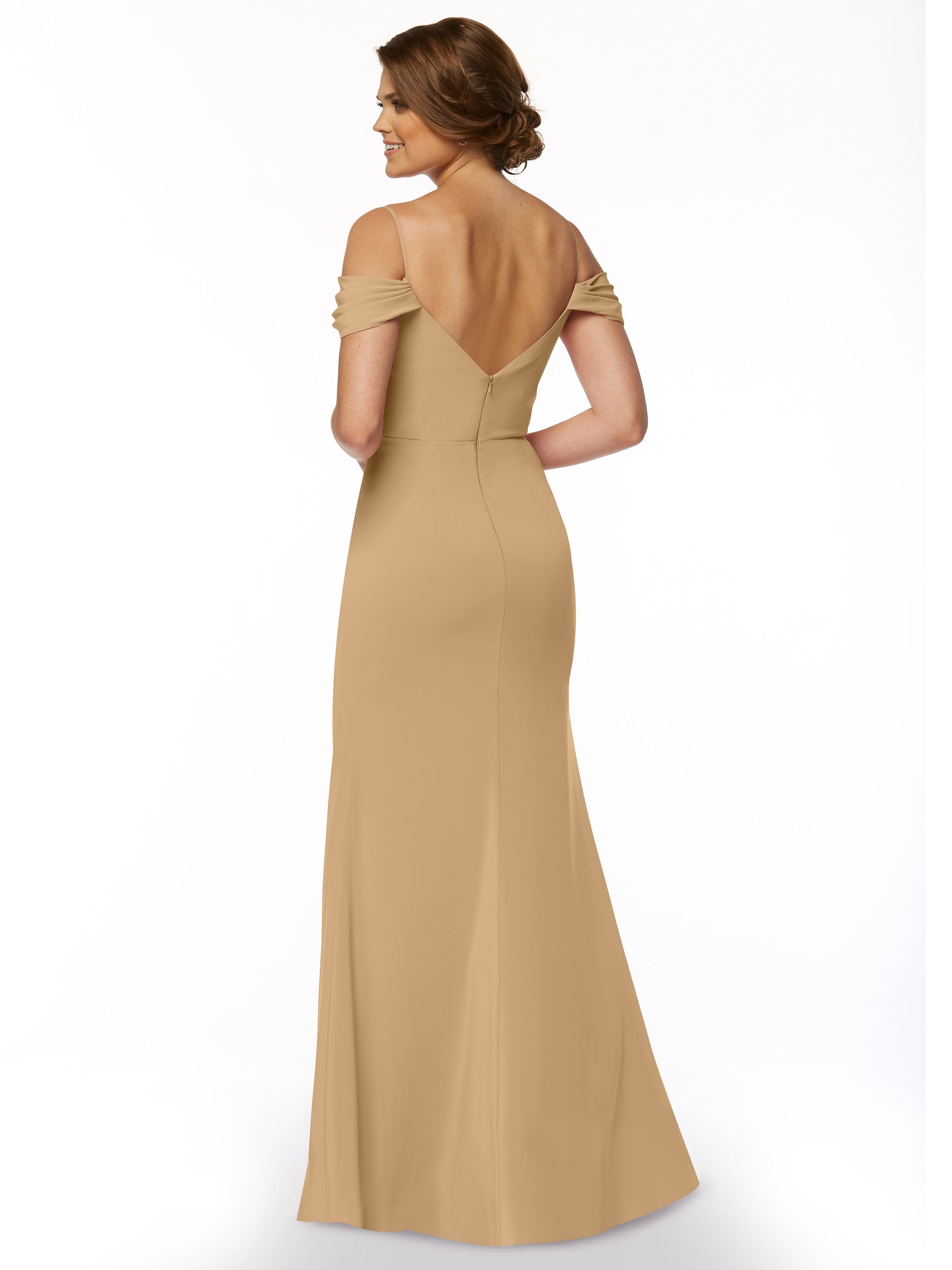 Elegant 83029 Stretch Chiffon Off-Shoulder Bridesmaid Dress with Thigh High Slit - Perfect for Weddings, Parties & Formal Events