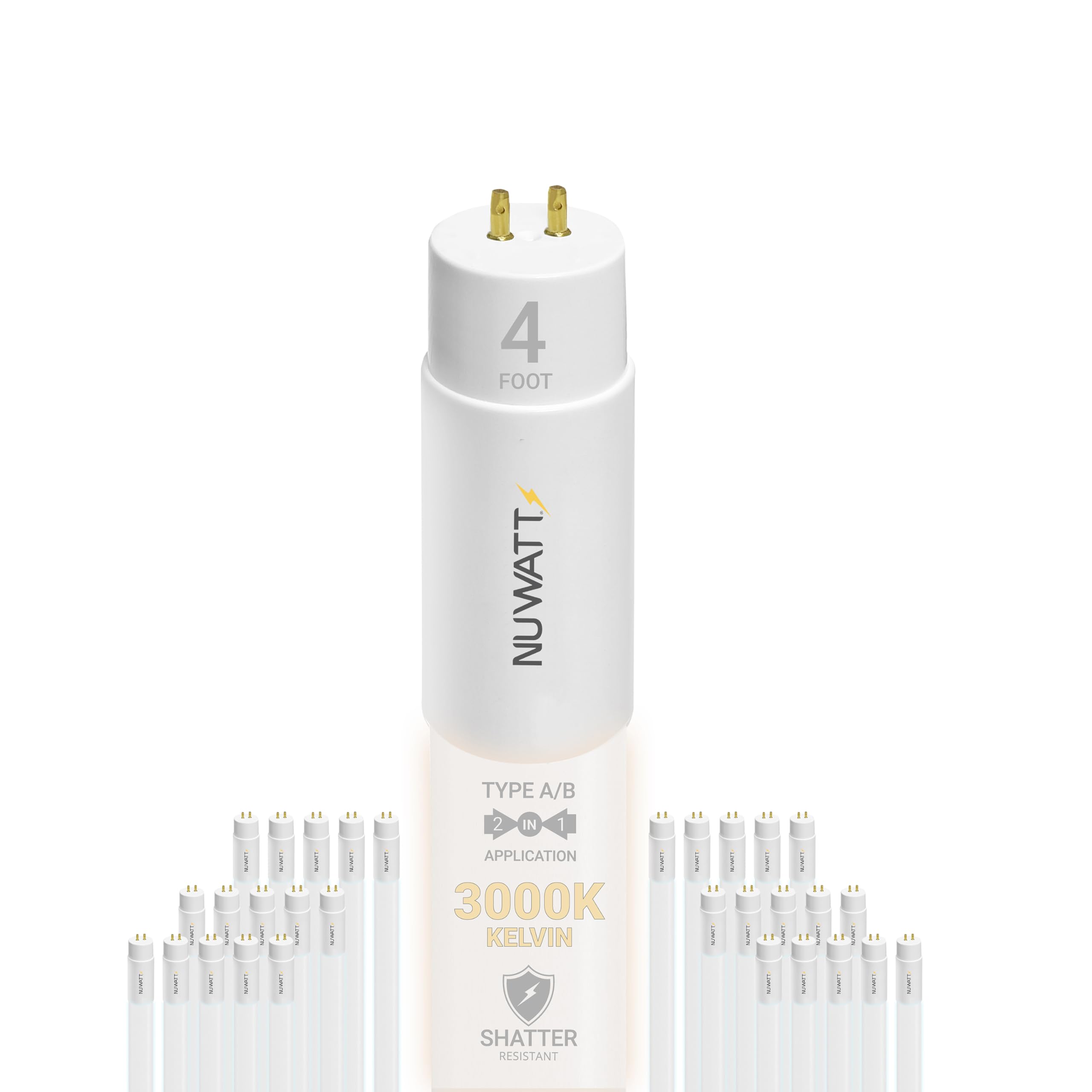 NUWATT 30 Pack 4 FT LED T8 Tube Light - T10 T12 Hybrid Type A+B, 3000K Warm White, 18W, 2200 Lumens - Plug & Play or Ballast Bypass - Fluorescent Tube Replacement for Home, Office, Garage, and Warehouse Lighting
