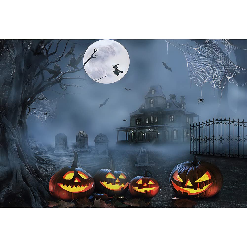 Yeele Halloween Photo Backdrop - 10x8ft Scary Night Full Moon with Flying Witch, Misty Castle & Pumpkin Lantern - Perfect for Halloween Photography, Party Decorations & Spooky Themed Events