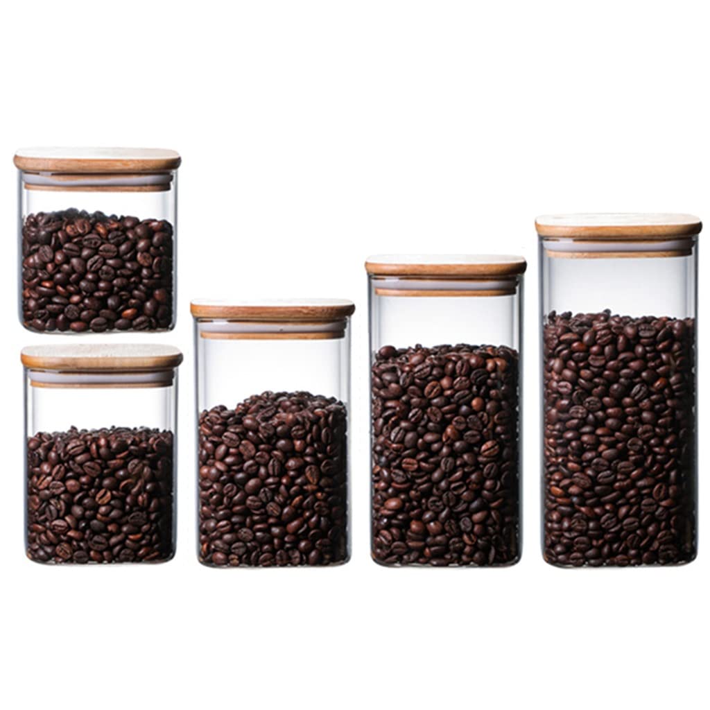 Premium Square Glass Sealed Storage Canisters 5-Piece Set - 1400ml Airtight Containers for Coffee Beans, Tea & Dry Food - Stackable Kitchen Pantry Organization (Clear) - Perfect for Coffee Shops, Home Kitchens & Gift Giving