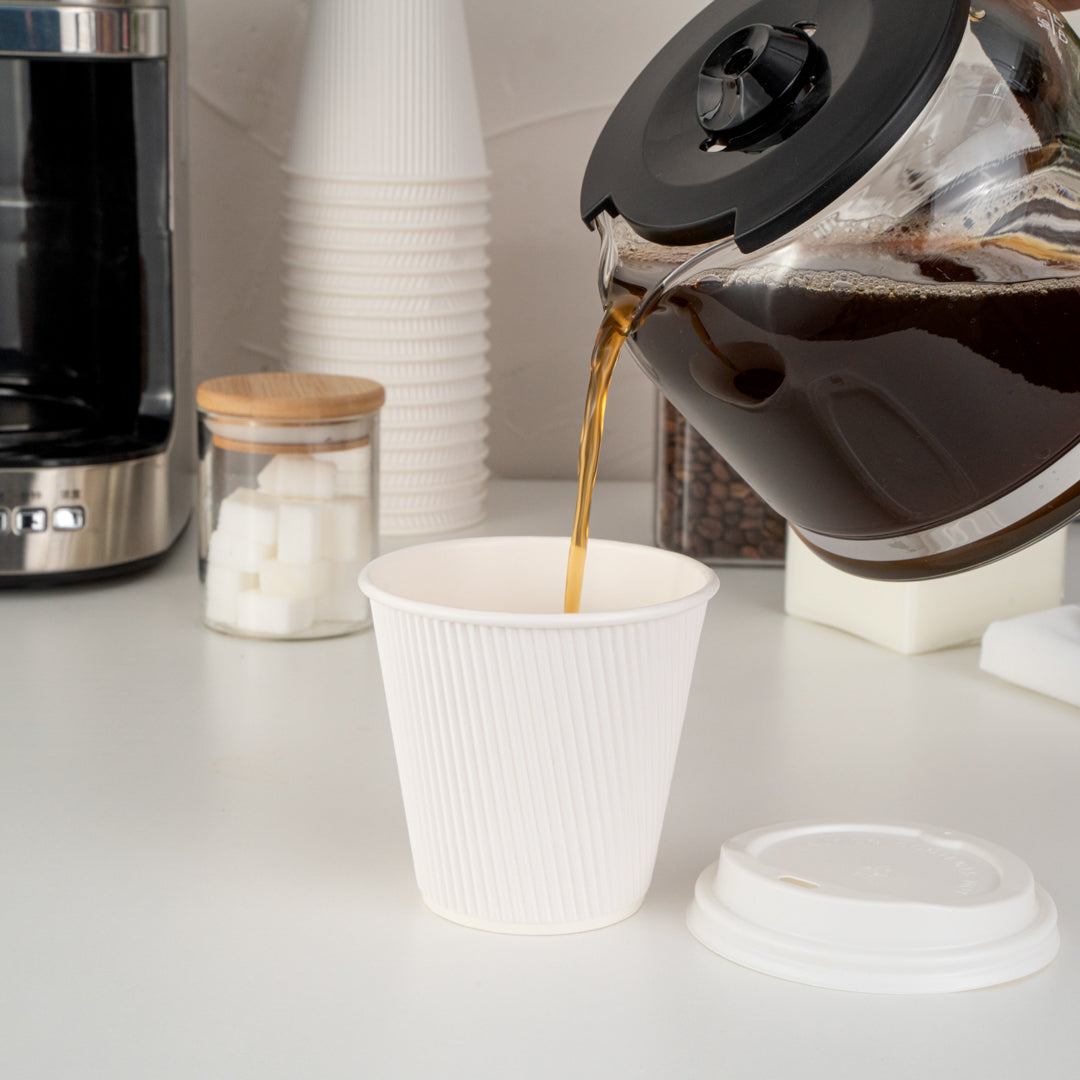 8 oz White Paper Ripple Wall Coffee Cups with White Lids - 3.5