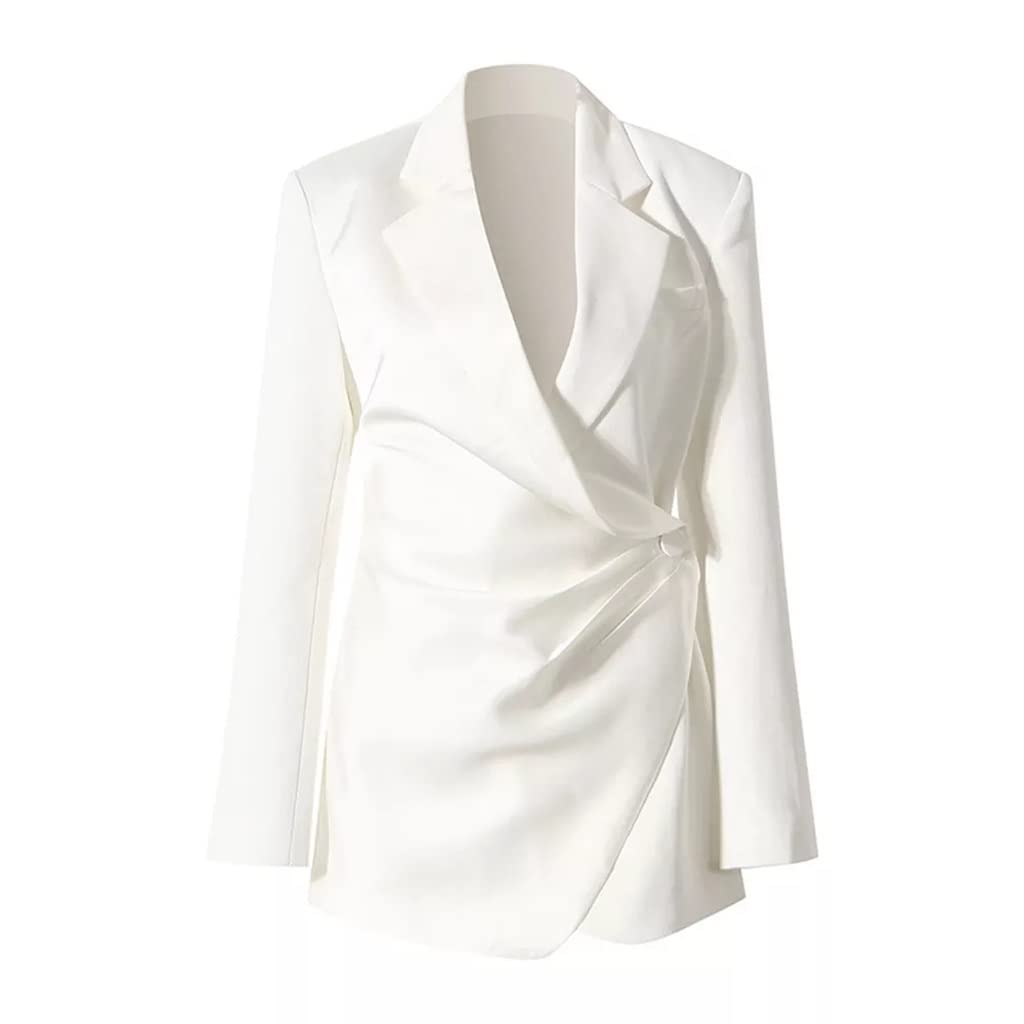 WDBBY Women's Ruched Solid Blazer with Notched Collar - Long Sleeve Minimalist Jacket for Spring Fashion (White, Size S) - Perfect for Office Wear, Business Meetings & Smart Casual Outfits