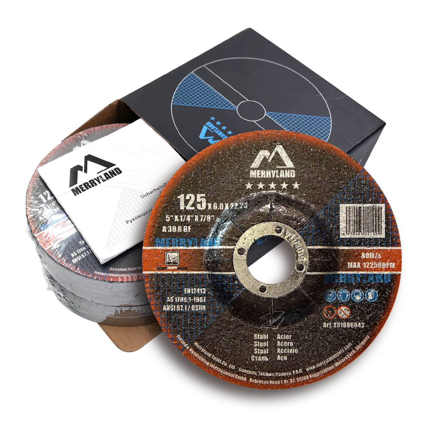 5 Inch Metal Grinding Wheel 10 Pack - 5 x 1/4 x 7/8 Angle Grinder Discs for Iron, Steel & INOX - Merryland Expert-Line E31086043 - Perfect for Metal Fabrication, Welding & DIY Projects