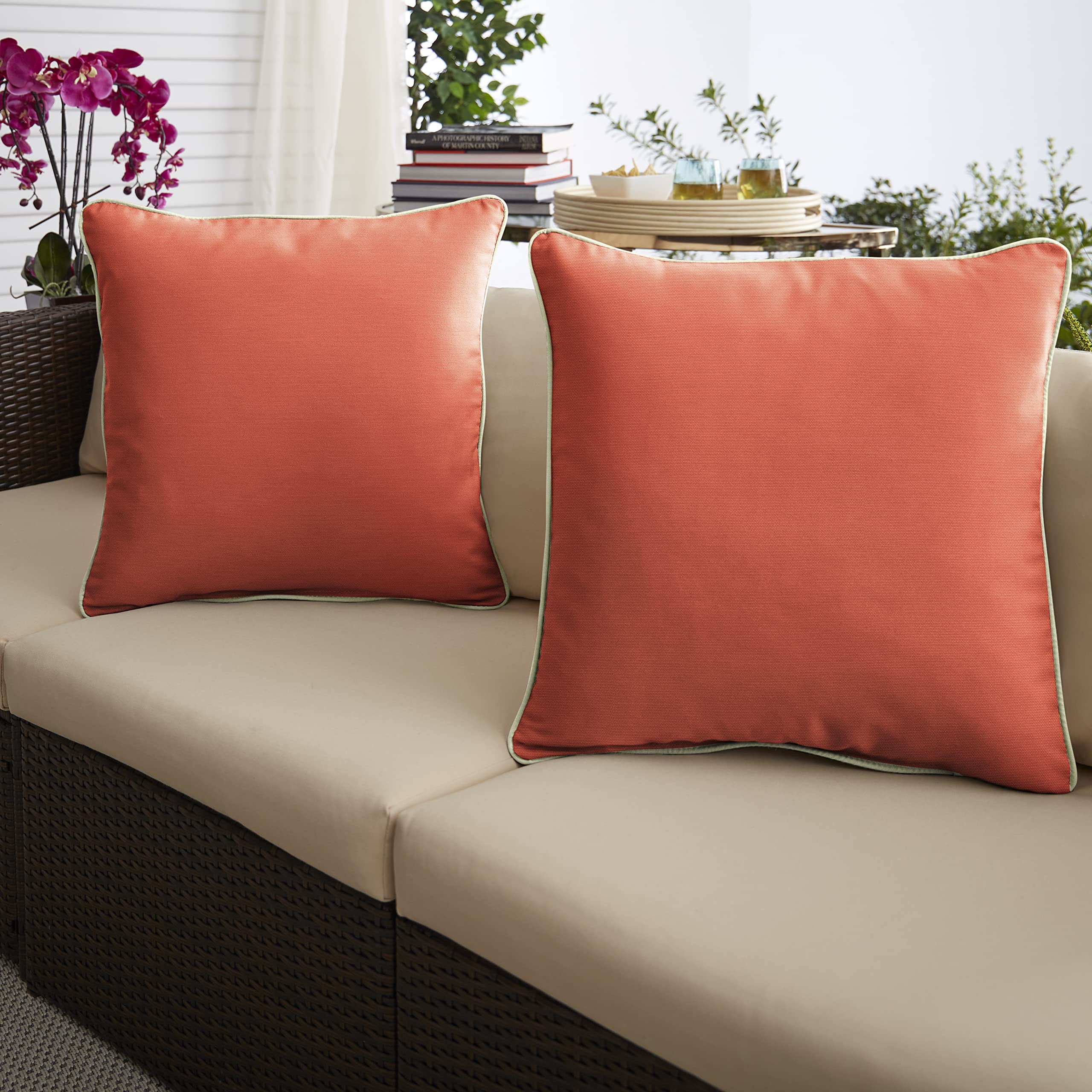 Sorra Home x Sunbrella - 2 Pack Square Throw Pillow Covers, Canvas Fabric in Melon Coral & Ivory - Perfect for Sofa, Bed, Outdoor Patio Decor