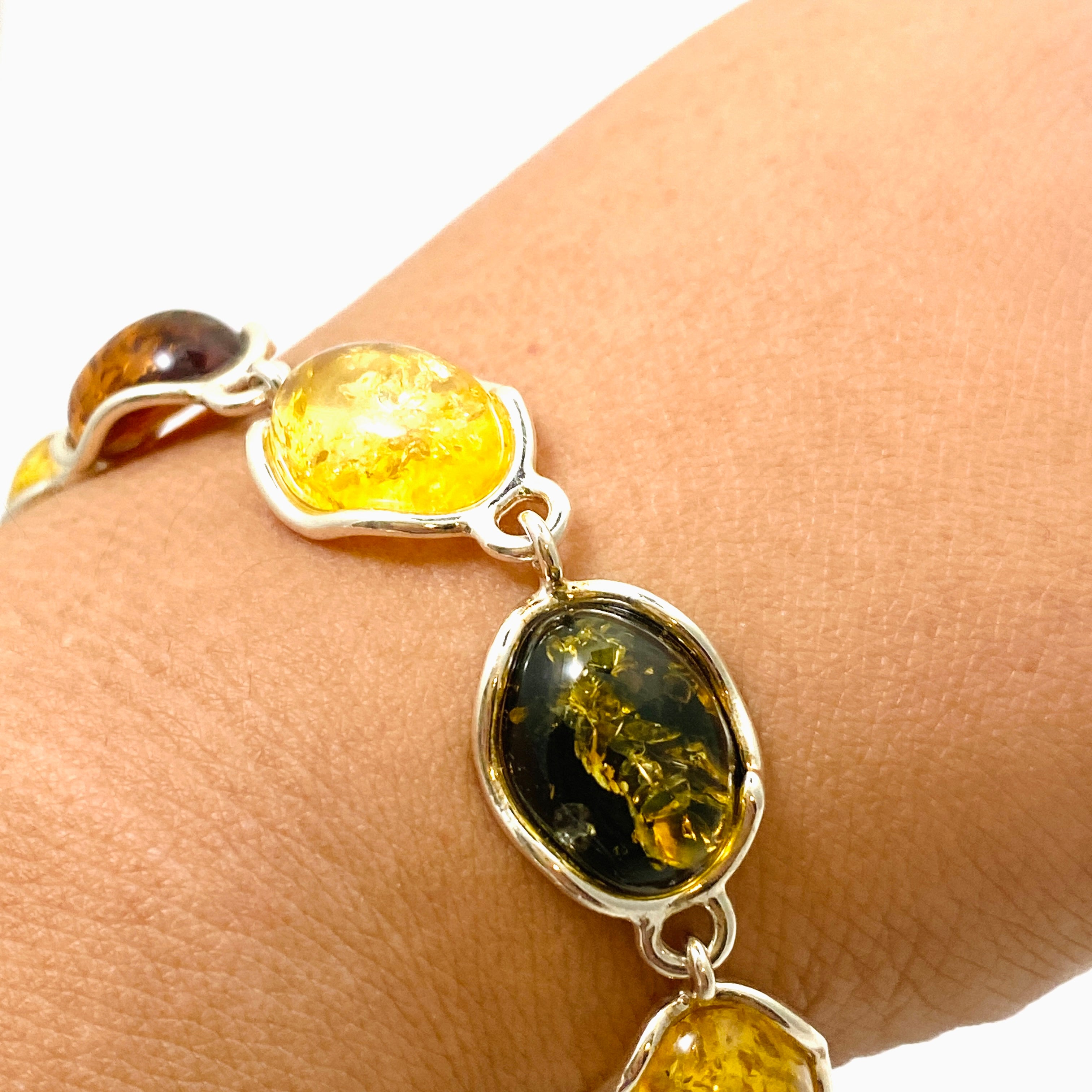 Natural Baltic Amber Mixed Multi-Stone Oval Cabochon Bracelet AMB296 - Handmade Jewelry for Women, Healing & Fashion Accessory