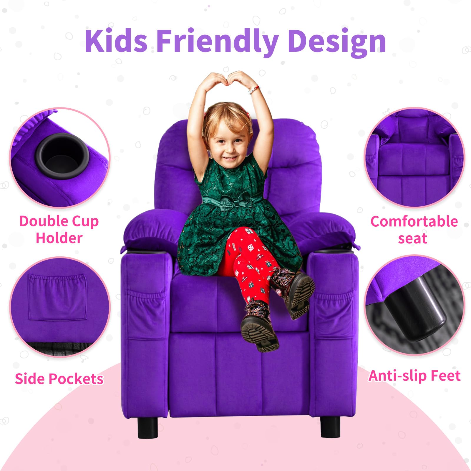 **Kids Recliner Chair with Cup Holder & Footrest - Adjustable Velvet Lounge Chair for Toddlers & Children - Ergonomic Design with Side Pockets - Soft Purple Sofa for Boys & Girls Bedroom, Playroom, or TV Room**