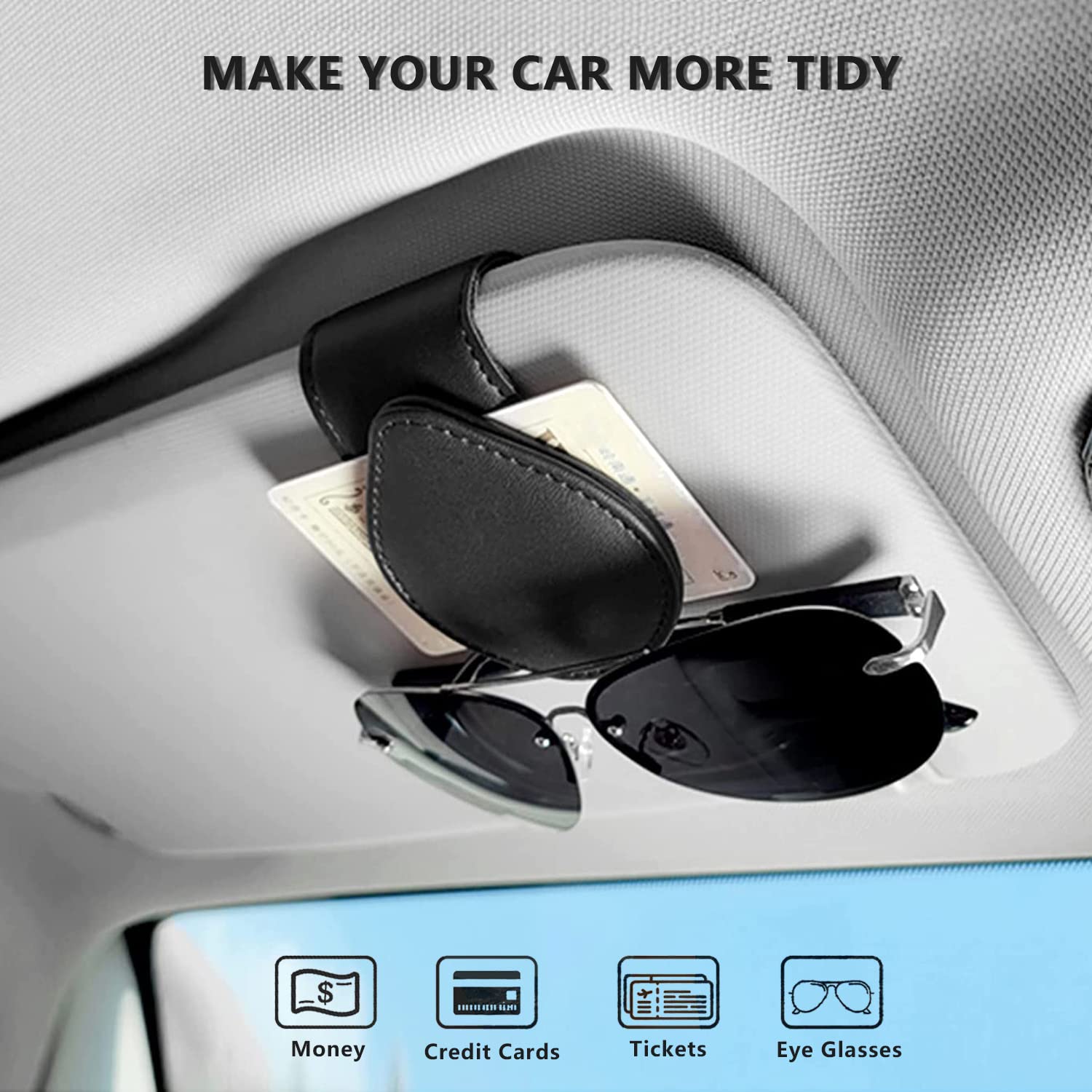 Magnetic Leather Car Visor Sunglass Holder - 2 Pack Black, Secure & Stylish Sunglasses Storage for Driving, Travel & Outdoor Activities