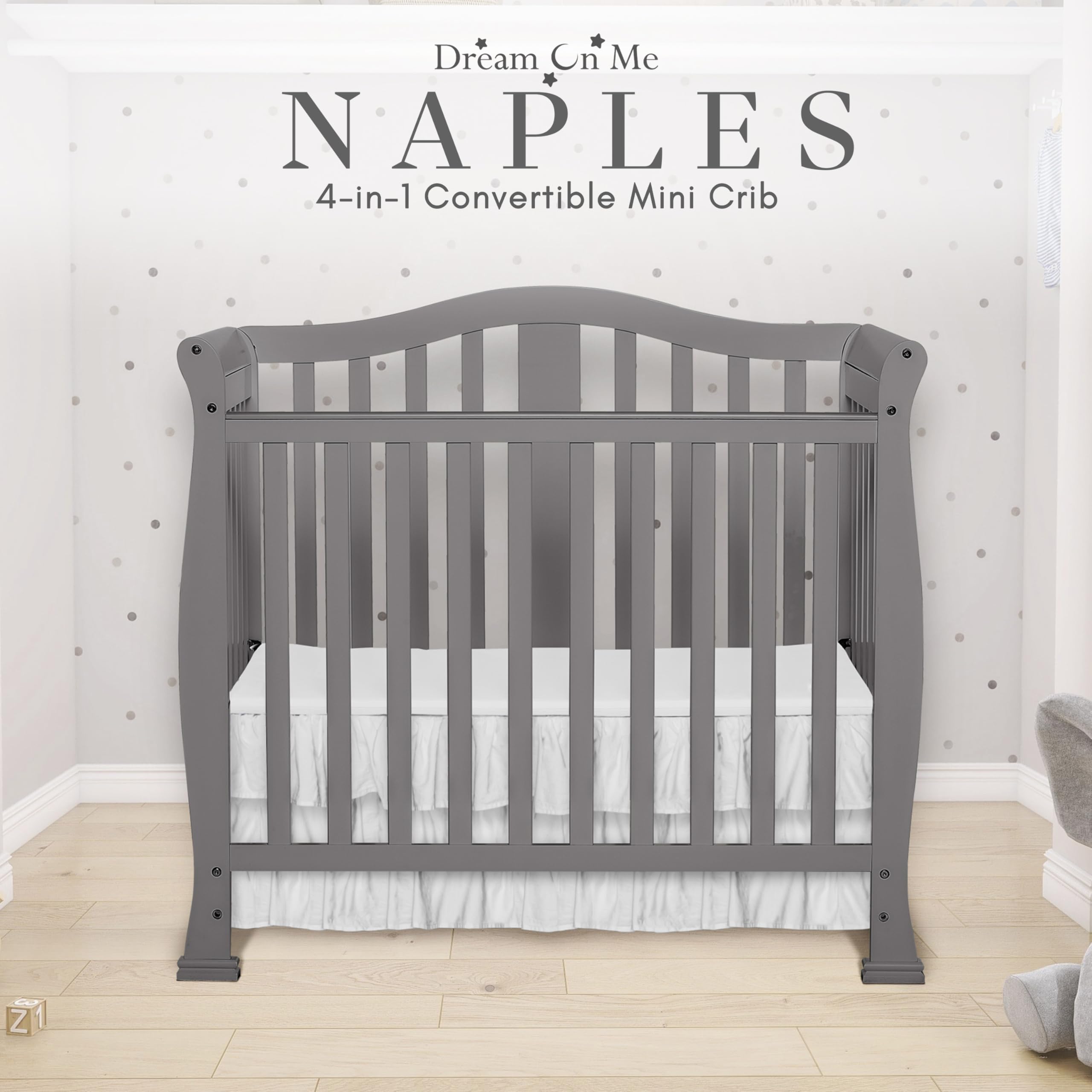 Dream On Me Addison 4-in-1 Convertible Mini Crib - Steel Grey | Greenguard Gold Certified | Non-Toxic New Zealand Pinewood | Includes 1