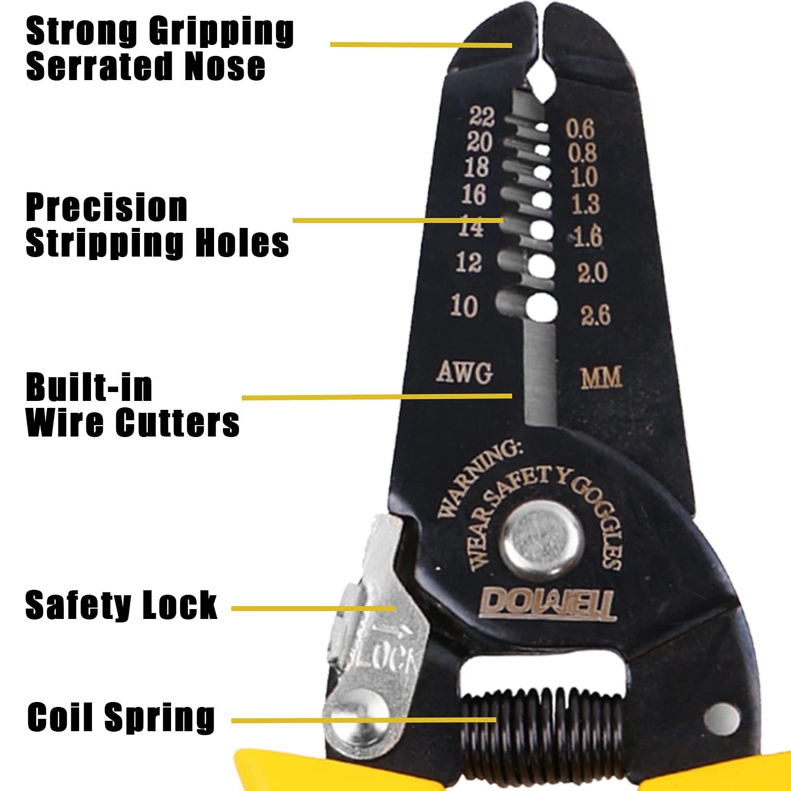 Professional DOWELL 10-22 AWG Wire Stripper Tool - Multi-Function Electrician Pliers with Cutter for Electrical Wiring | Perfect for DIY Projects, Home Repairs & Professional Electrical Work
