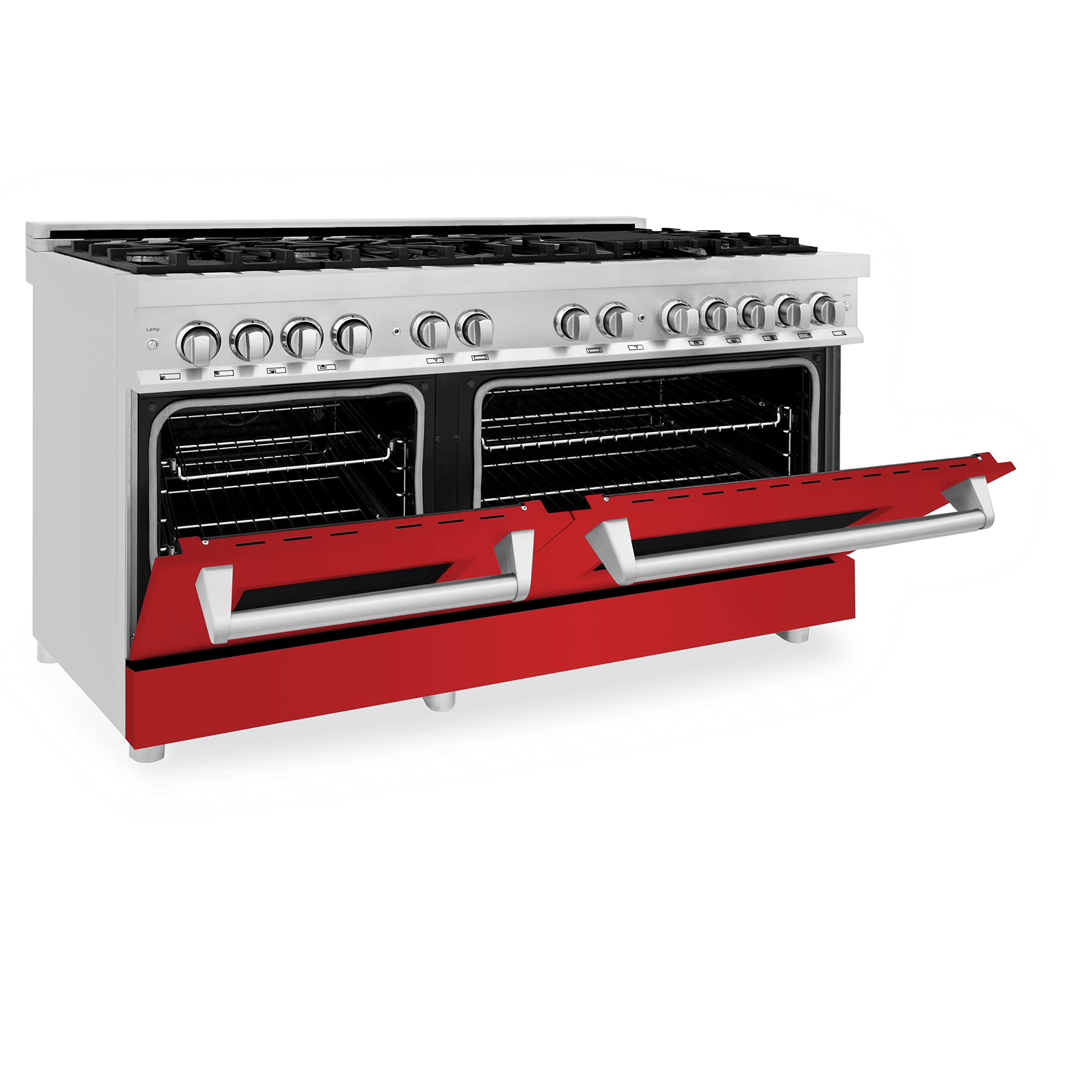 ZLINE 60-inch 7.4 cu. ft. Dual Fuel Range with 9-Burner Gas Cooktop & 2 Electric Convection Ovens - Stainless Steel with Red Matte Doors (RA-RM-60) for Professional Home Kitchens and Gourmet Cooking