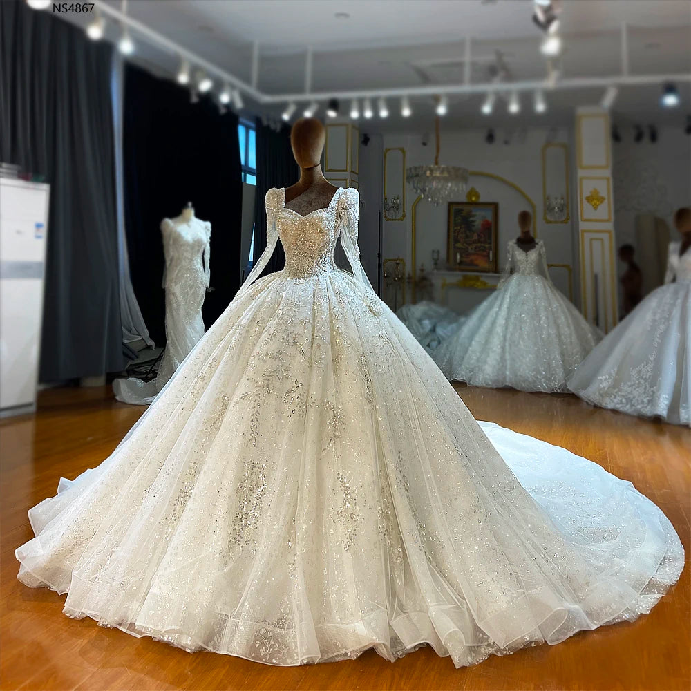 Elegant Lace Beaded Wedding Dress 2025 - Intricate Ball Gown with Detailed Embroidery | Perfect for Bridal Ceremony, Formal Events & Special Occasions