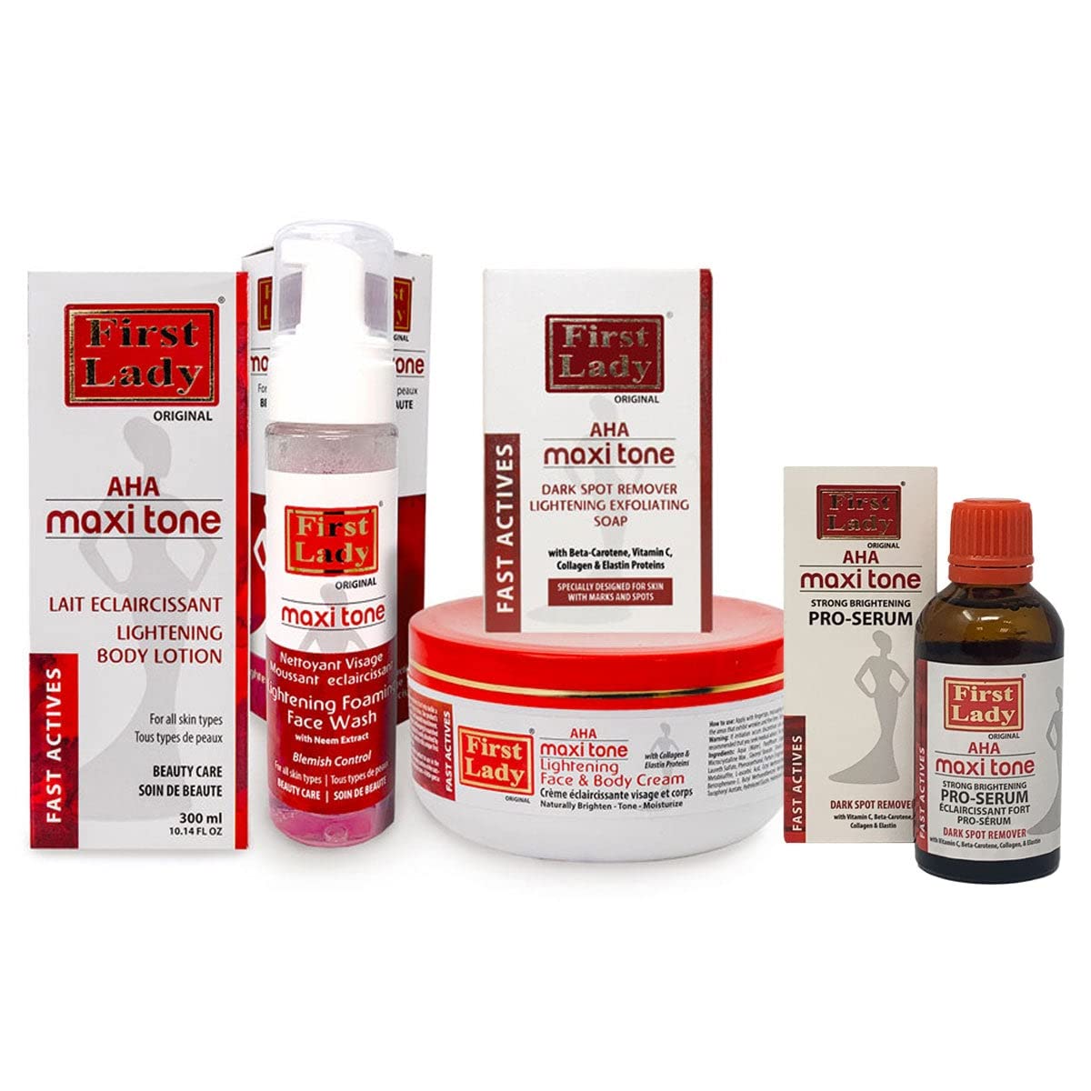 First Lady AHA Maxi Tone Skin Lightening Set - Brightening Body Lotion 300ml, Whitening Face Cream 500g, Cleansing Foam Wash 200ml, Exfoliating Soap 200g & Hydrating Serum 60ml for Even Skin Tone & Glowing Complexion | Perfect for Daily Skincare Routine & Hyperpigmentation Treatment