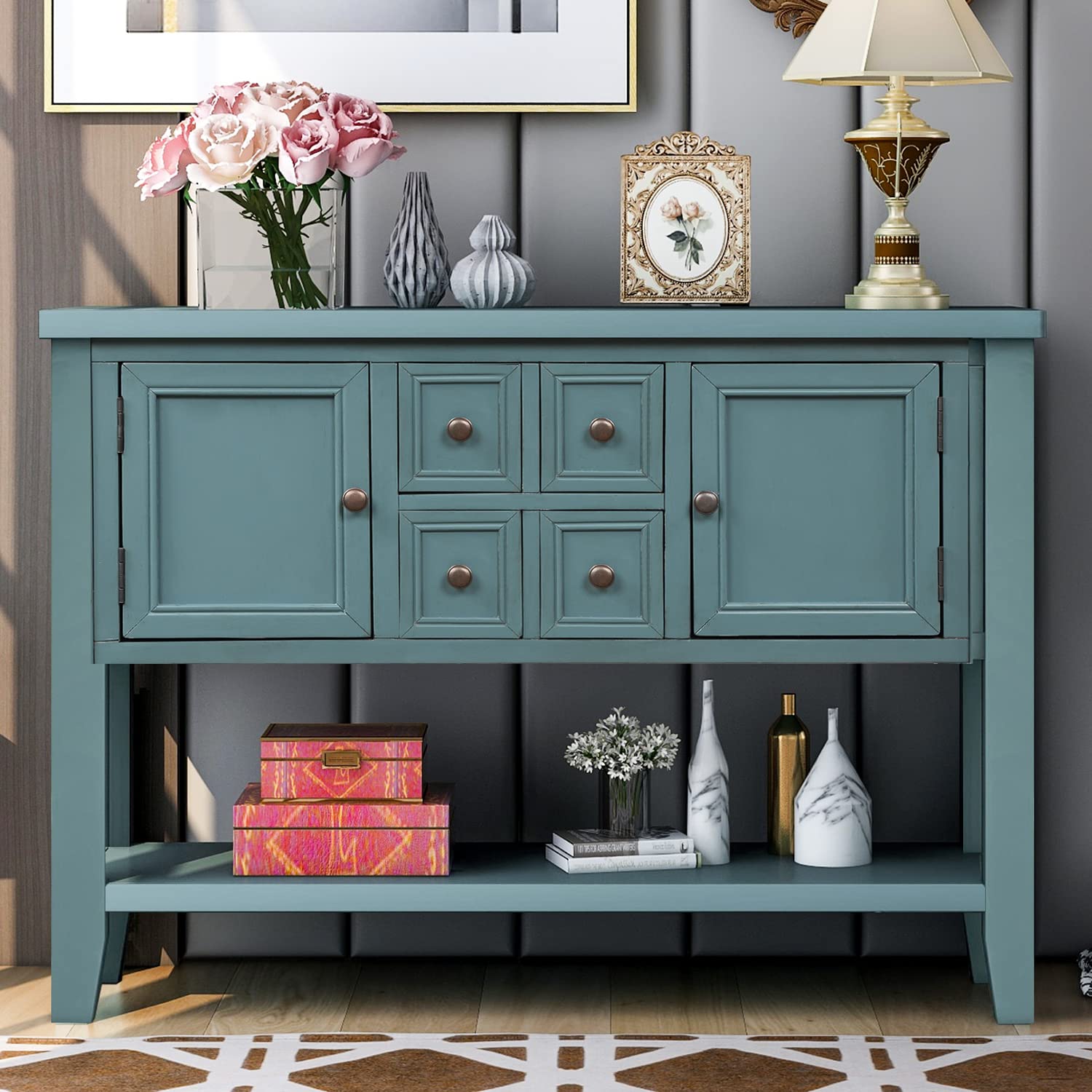 Farmhouse Console Table with Drawer - Rustic Sideboard Buffet Cabinet with Storage for Living Room, Kitchen, Dining Room | Entryway Hallway Organizer, Home Decor Accent Piece