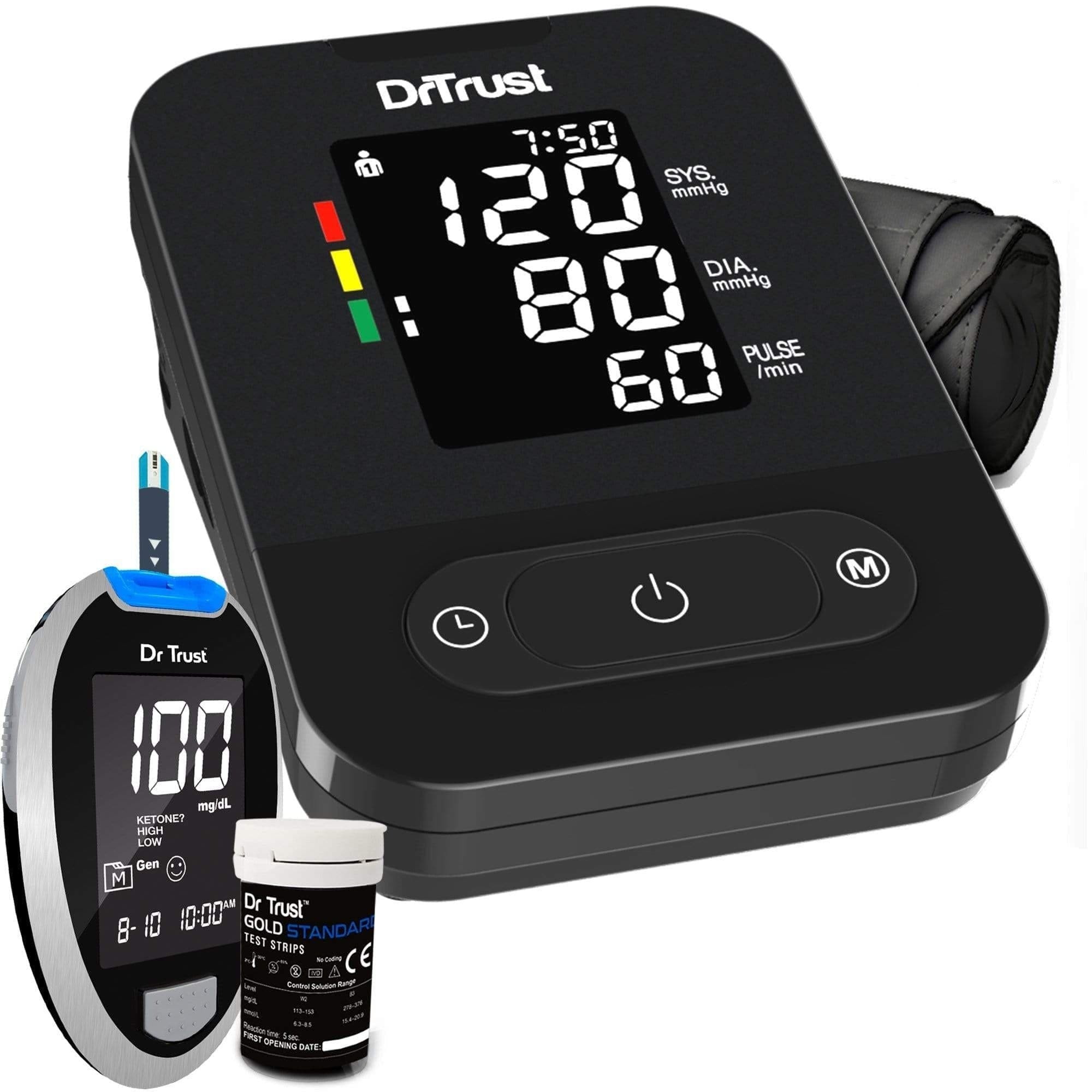 Dr Trust USA Smart Blood Pressure Monitor & Glucose Testing Kit with 10 Test Strips - Home Health Monitoring for Diabetes & Hypertension Care