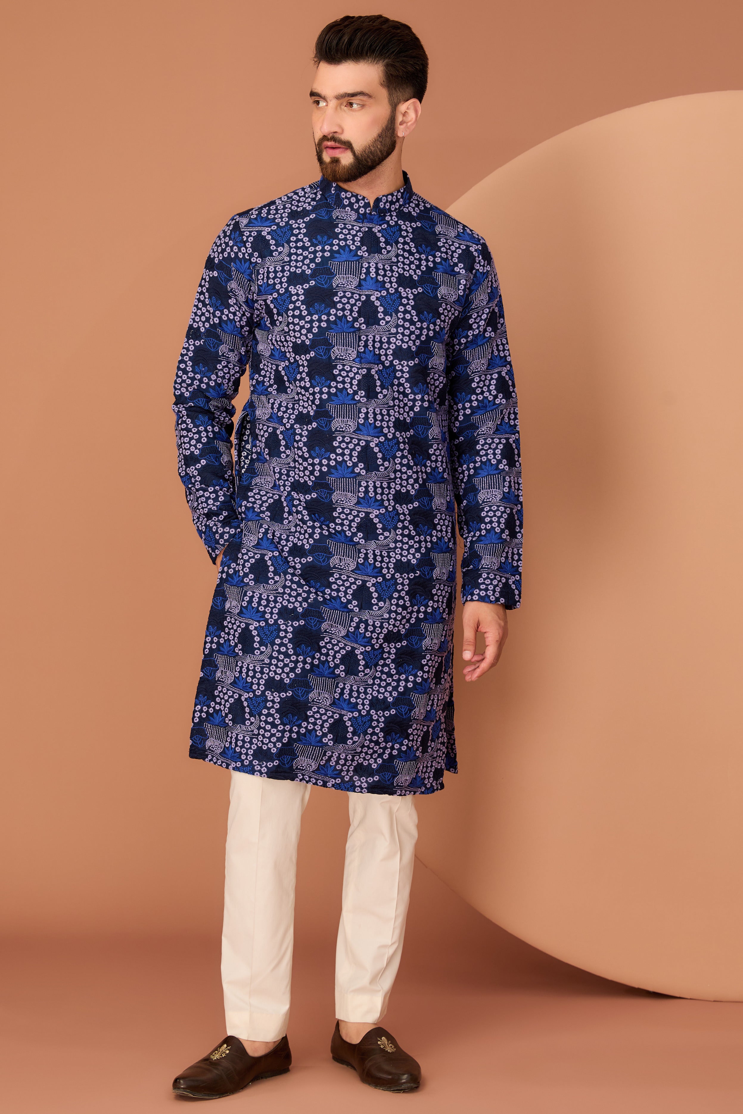 Exquisite Navy Blue Floral Kurta with Intricate Multi-Thread Embroidery - Perfect for Festivals, Weddings & Ethnic Occasions