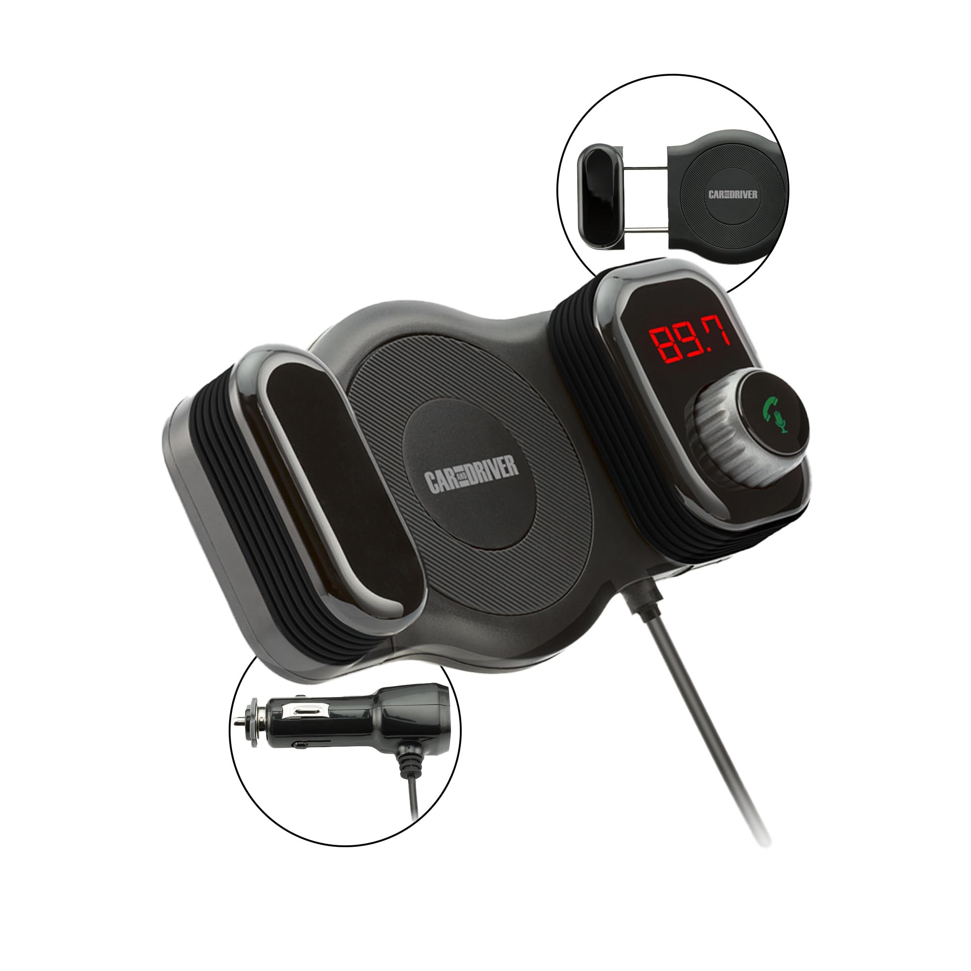 Car and Driver Bluetooth FM Transmitter with Car Vent Phone Mount | Hands-Free Calling, USB Charging, Siri Compatible, TF Card Slot, Secure Grip, Universal Fit for Streaming Audio in Car