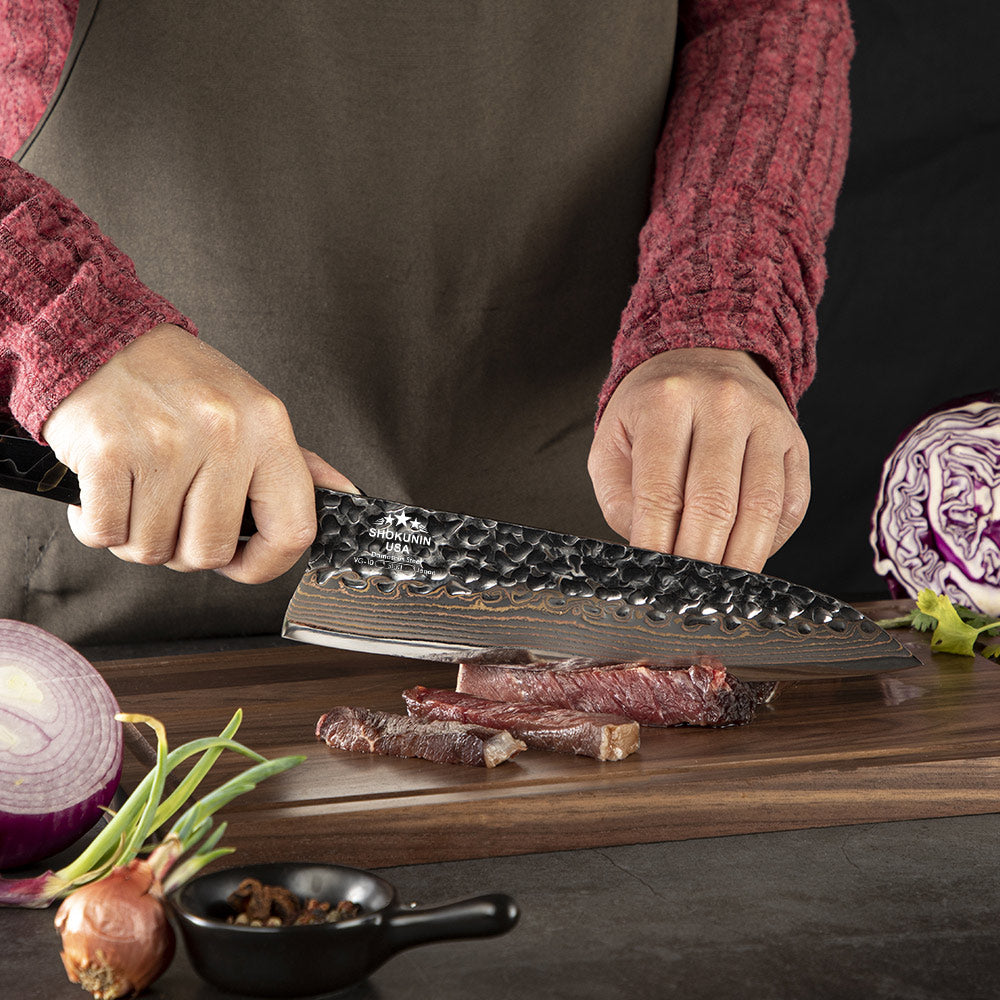 Premium Japanese Damascus Steel Chef Knife - Handcrafted Copper Core with Exotic Raffir Noble Handle - Perfect for Professional Chefs & Home Cooking Enthusiasts