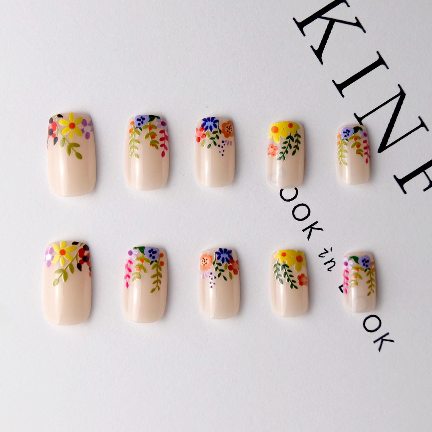 BFY Short Square Press on Nails - Yellow & Blue Floral Design with Green Leaf Accents | Glossy Acrylic Fake Nails Kit (24Pcs, 12 Sizes) | Natural Fit Manicure with Strong Glue | Perfect for Autumn, Halloween, Thanksgiving & Fall Weddings