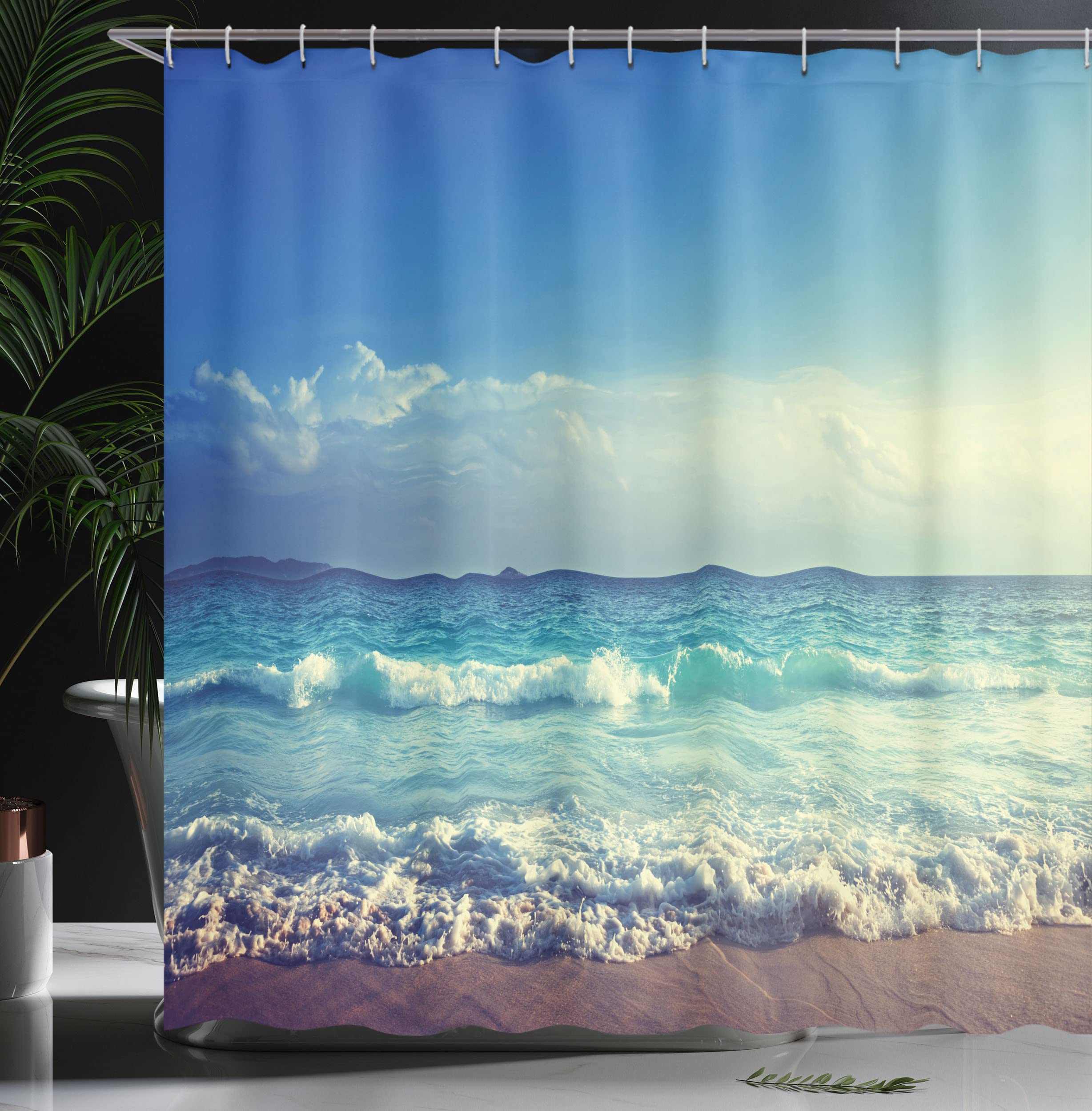 Ambesonne Ocean Shower Curtain - Tropical Island Sunset Beach Waves & Misty Sea Design, 105