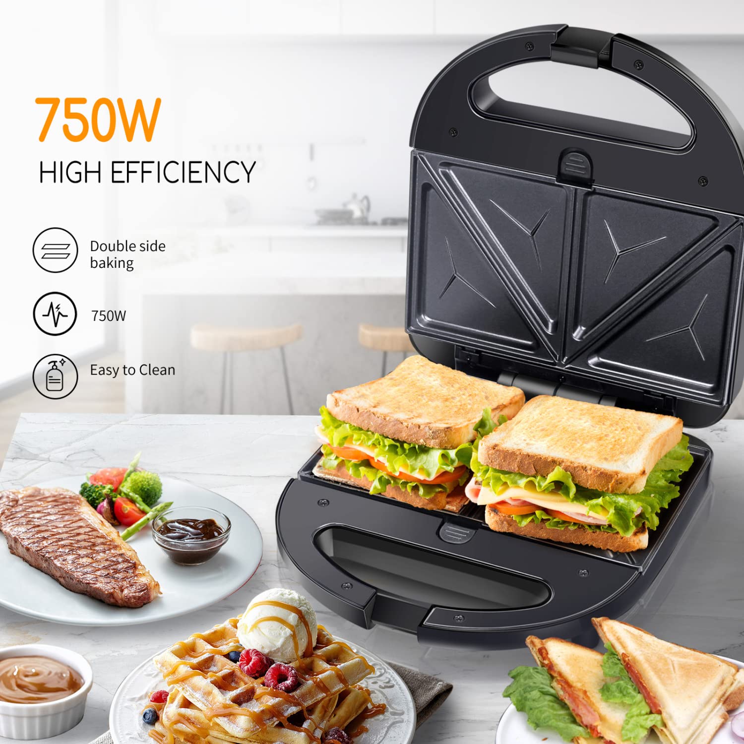 Aigostar 3-in-1 Electric Sandwich Maker & Panini Press Grill with Removable Non-Stick Plates, Waffle Maker, Grilled Cheese Maker - 750W, Cool-Touch Handle, LED Indicator, Easy to Clean - Perfect for Breakfast, Lunch, Picnics & Office Snacks