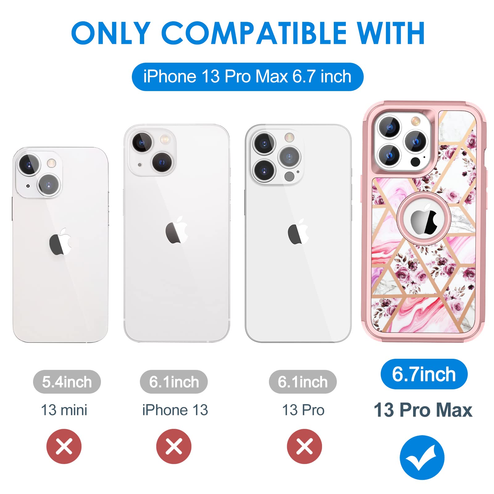 Hython Glitter Bling Shockproof iPhone 13 Pro Max Case - Heavy Duty 3-in-1 Hybrid Hard PC & Soft TPU Bumper Defender Protective Cover for Women & Girls (Floral/Marble Design) - Perfect for Daily Use, Travel & Gift Giving
