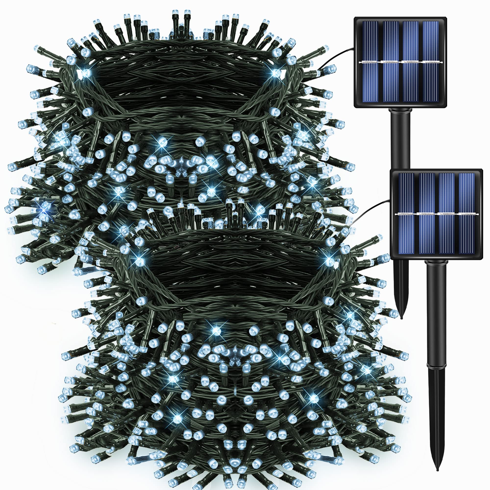 Dazzle Bright 2 Pack 200 LED 66 FT White Christmas Solar String Lights - Outdoor Solar Powered Waterproof Fairy Lights with 8 Modes for Patio, Garden, Tree, Yard, Party & Bedroom Decoration | Perfect for Holiday, Wedding, and Landscape Lighting