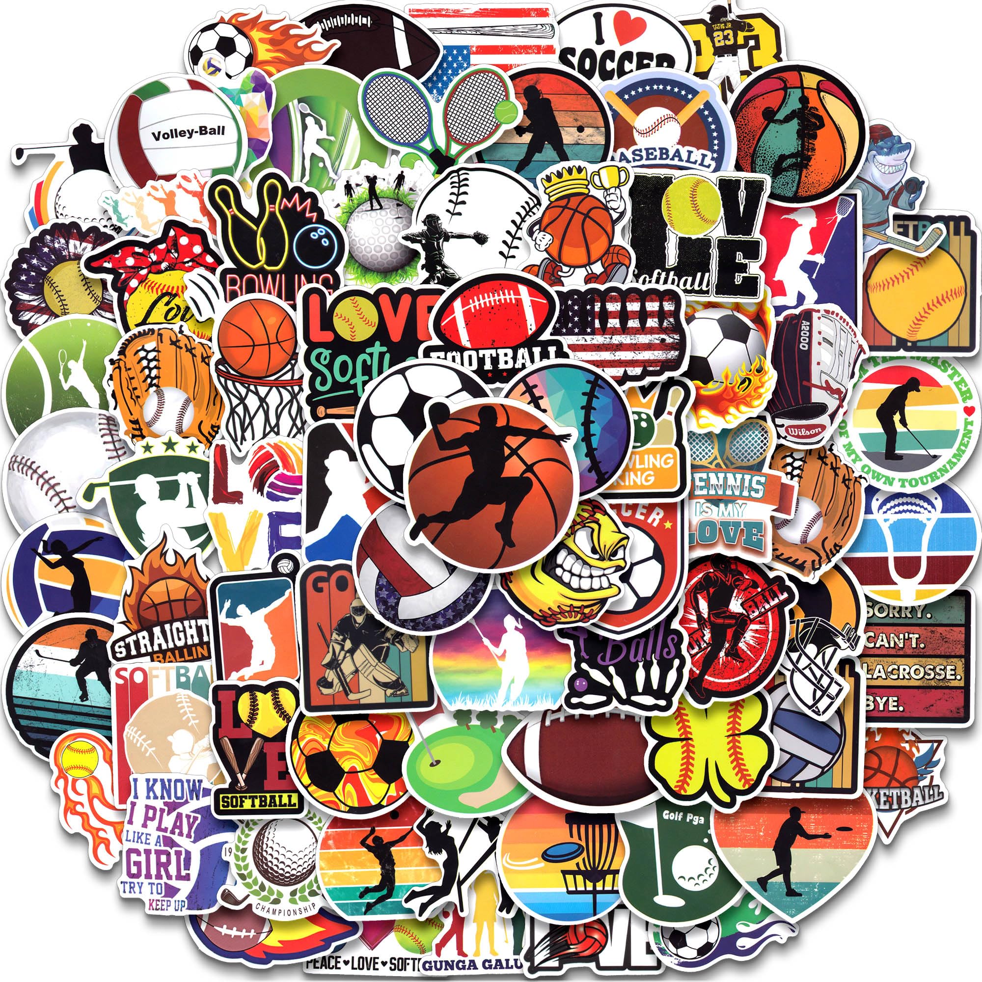 100 PCS Sports Stickers for Water Bottles & Laptops - Soccer, Basketball, Volleyball - Perfect for Teens & Kids