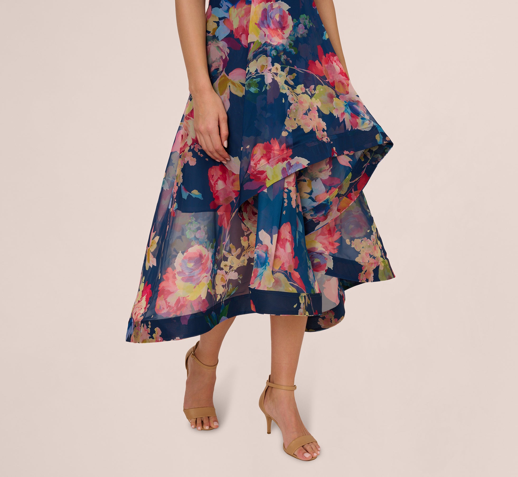 Navy Blue Floral Off Shoulder Organza High-Low Dress for Women - Perfect for Weddings, Parties & Special Occasions