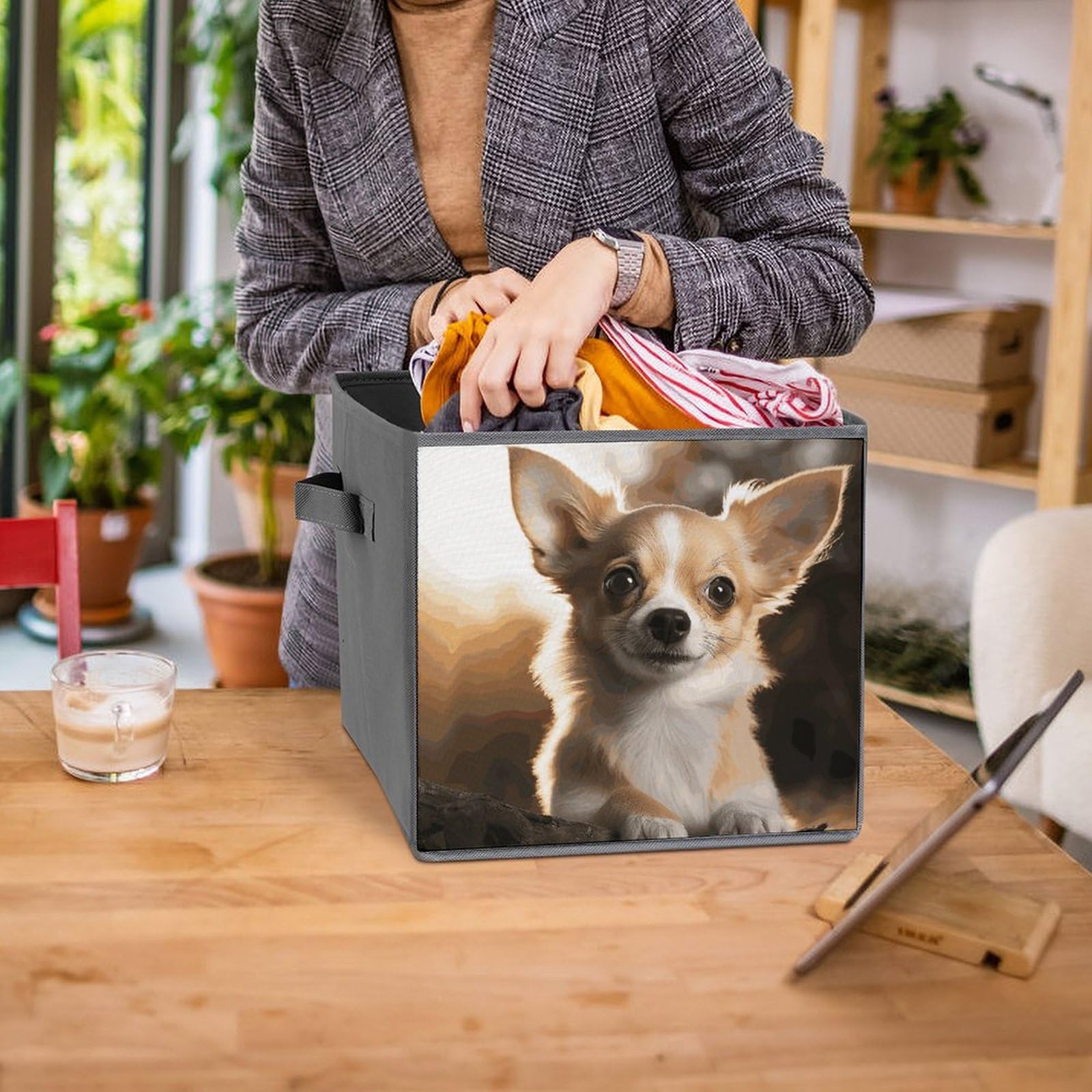 6-Piece Collapsible Storage Bins with Handles - Cute Chihuahua Printed Foldable Organizing Baskets for Shelves, Closet, Bathroom & Home Organization - Space Saving Storage Containers for Toys, Laundry & Household Items