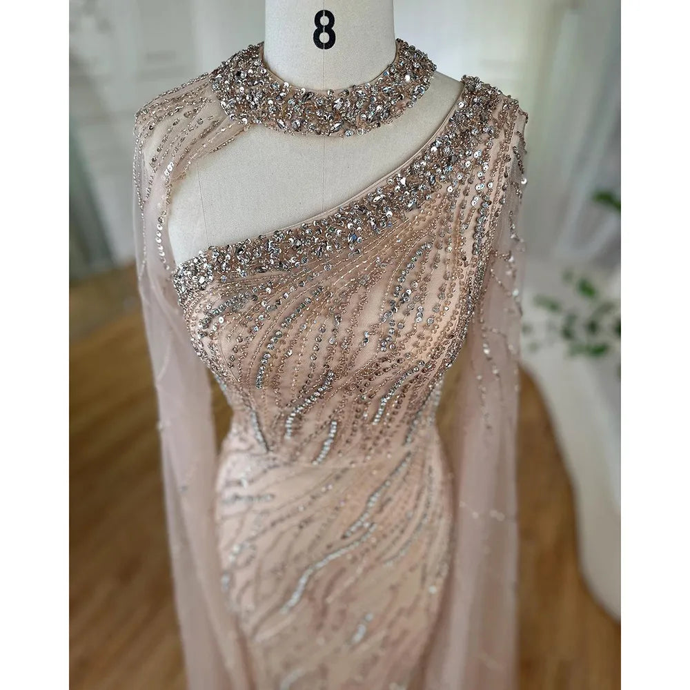 Elegant Black Mermaid Evening Gown with Cape Sleeves & Beaded Details - Luxury Women's Formal Dress for Arabic Parties, Prom, Gala & Special Occasions - Serene Hill Collection LA72112