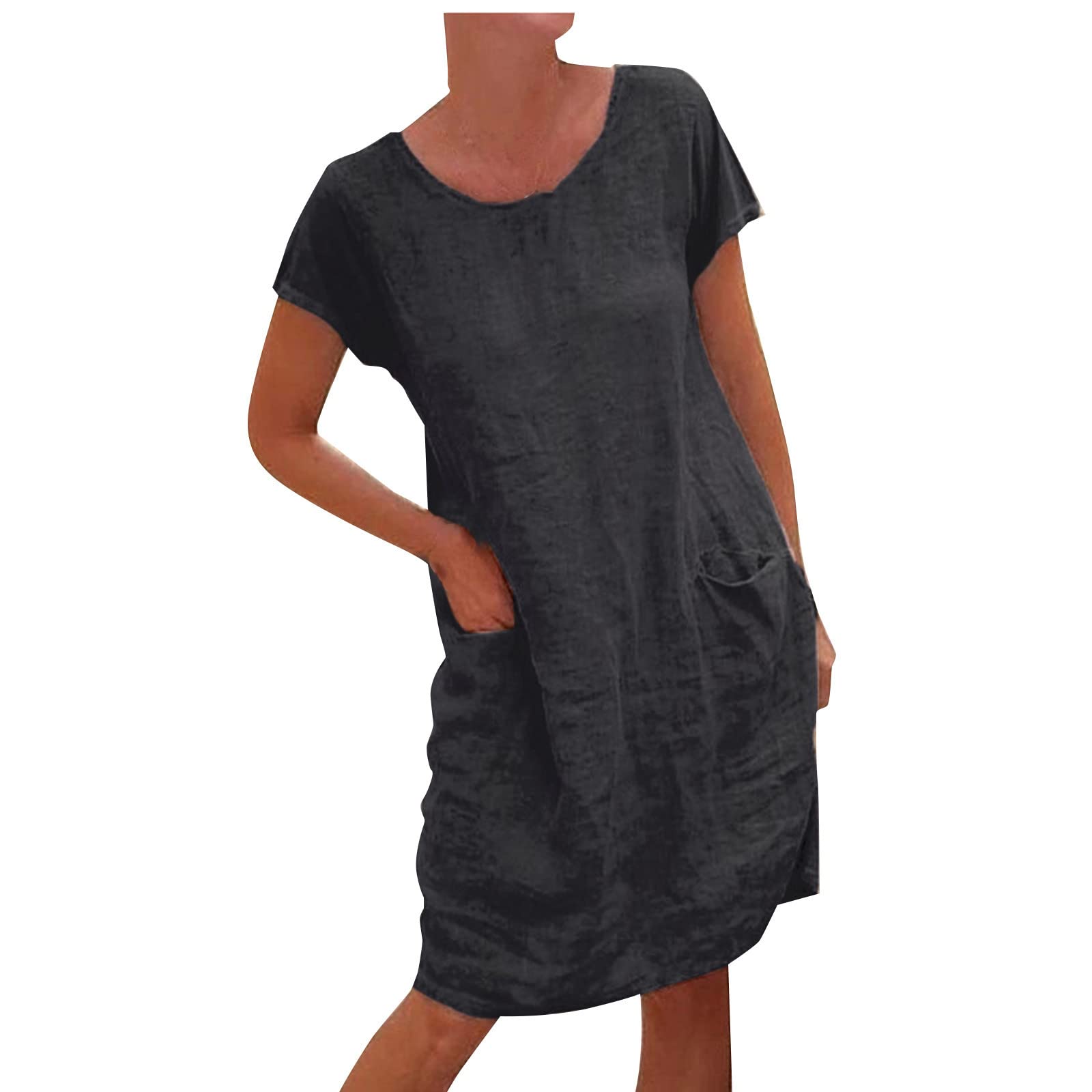 Plus Size Women's Sexy Cotton Linen Swing Dress - Casual Short Sleeve Round Neck Strapless Summer Dress for Beach, Party & Date Night