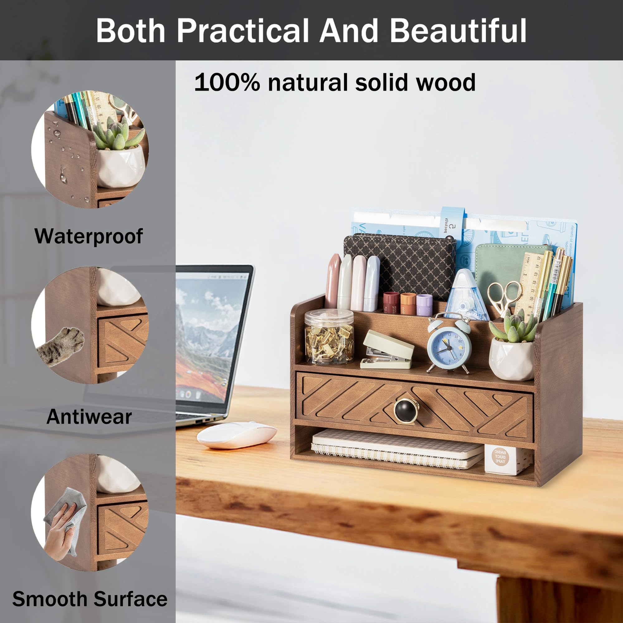 Brown Wood Desk Organizer with Drawer - Office Supplies Mail Holder & File Organizer for Bills, Letters | Perfect for Home Office, Workspace & Study Desk Organization