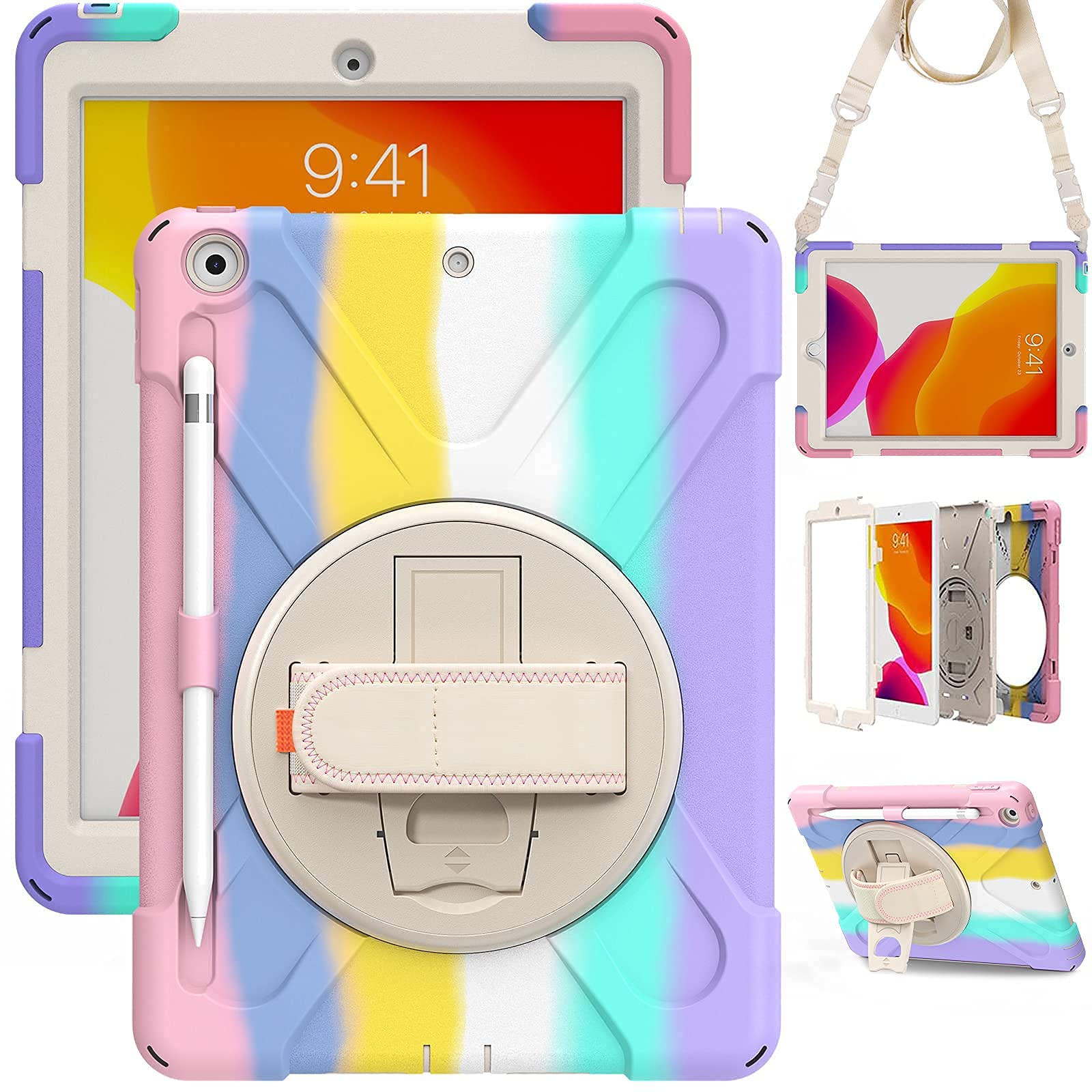 Premium 360° Rotating Kickstand Case for iPad 9th/8th/7th Generation 10.2 inch (2021/2020/2019 Models) - Shockproof Cover with Pencil Holder, Built-in Screen Protector & Adjustable Hand/Shoulder Strap (Rainbow Pink) - Perfect for Work, School & Travel
