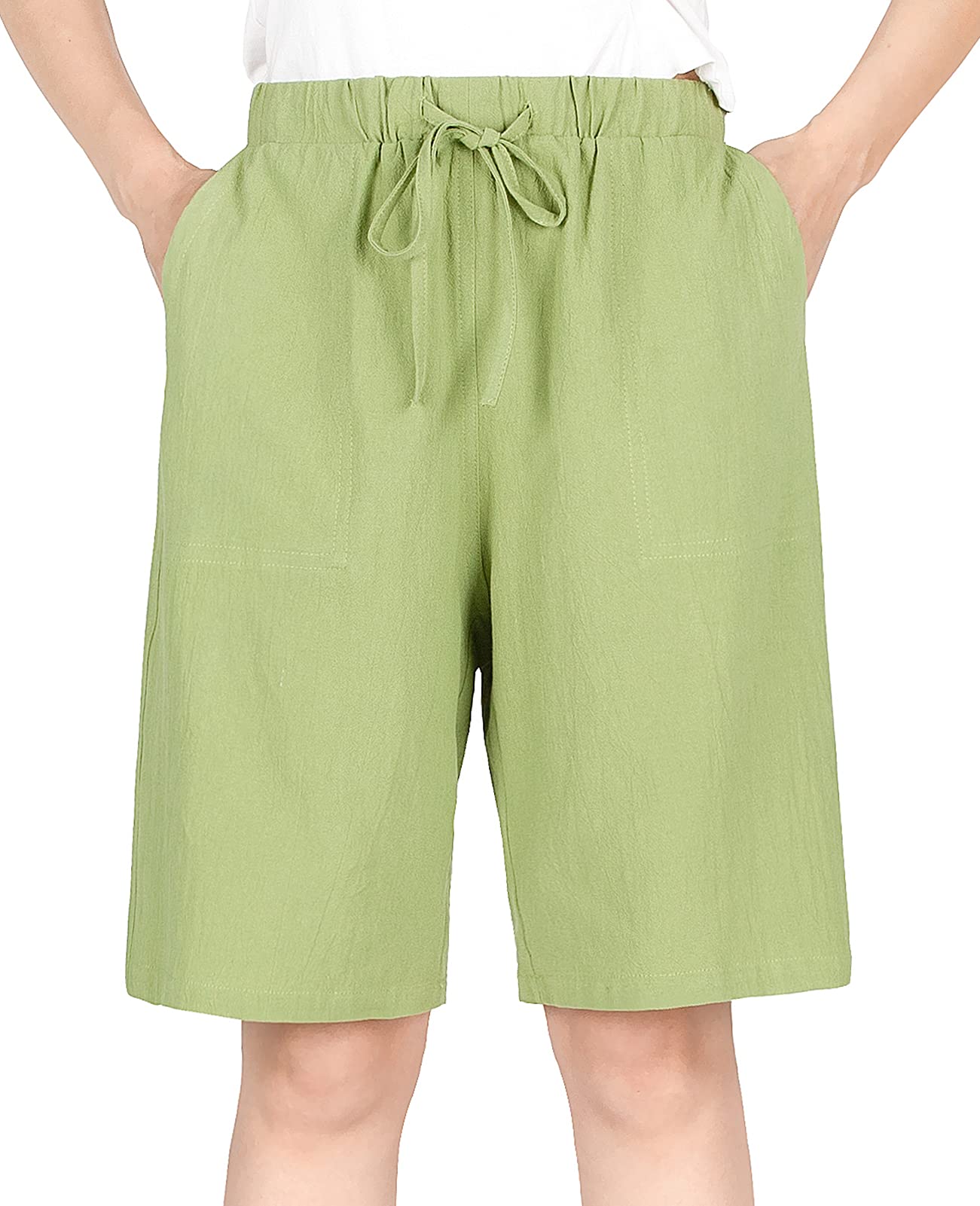 Lisskolo Women's Linen Bermuda Shorts - Elastic Waist Summer Cotton for Casual Outings