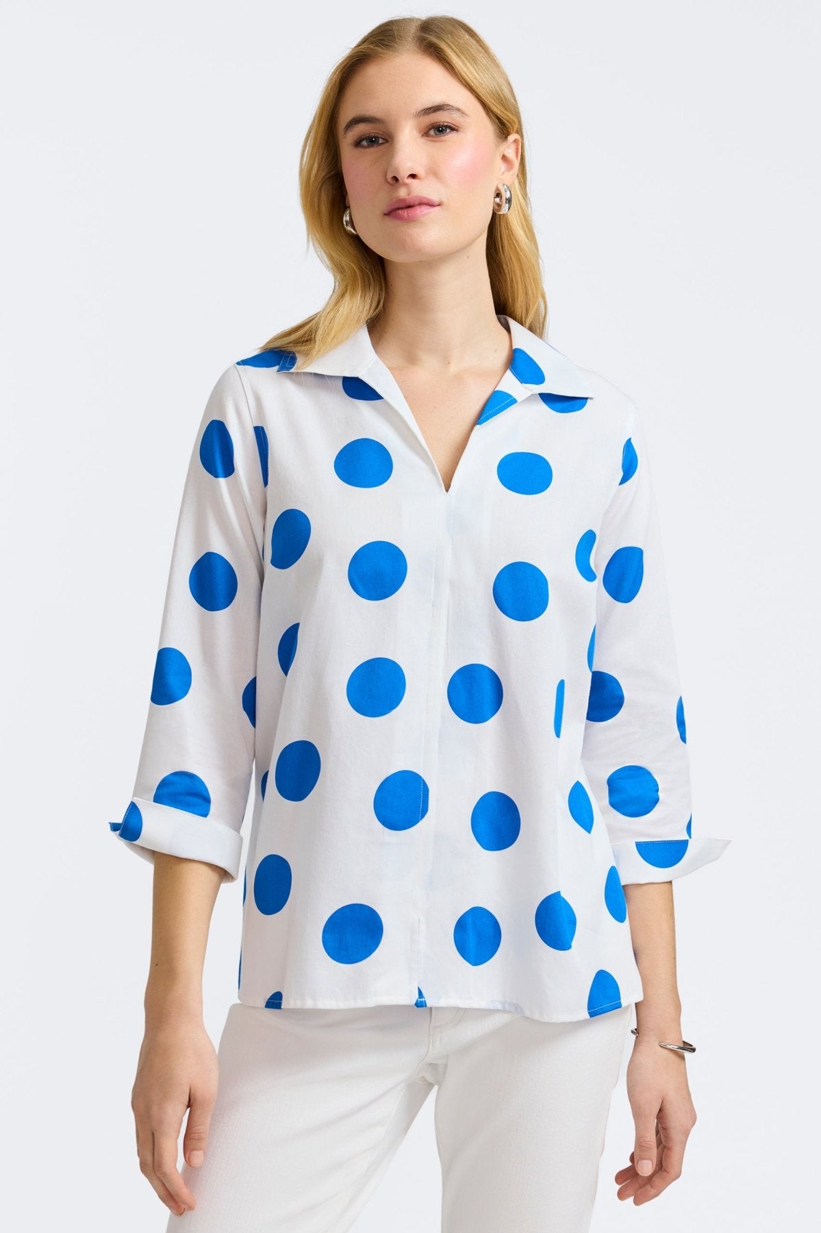 Agnes Springtime Dot 3/4 Sleeve Popover Blouse - Women's Floral Print Casual Top for Office, Date Night & Spring Outfits