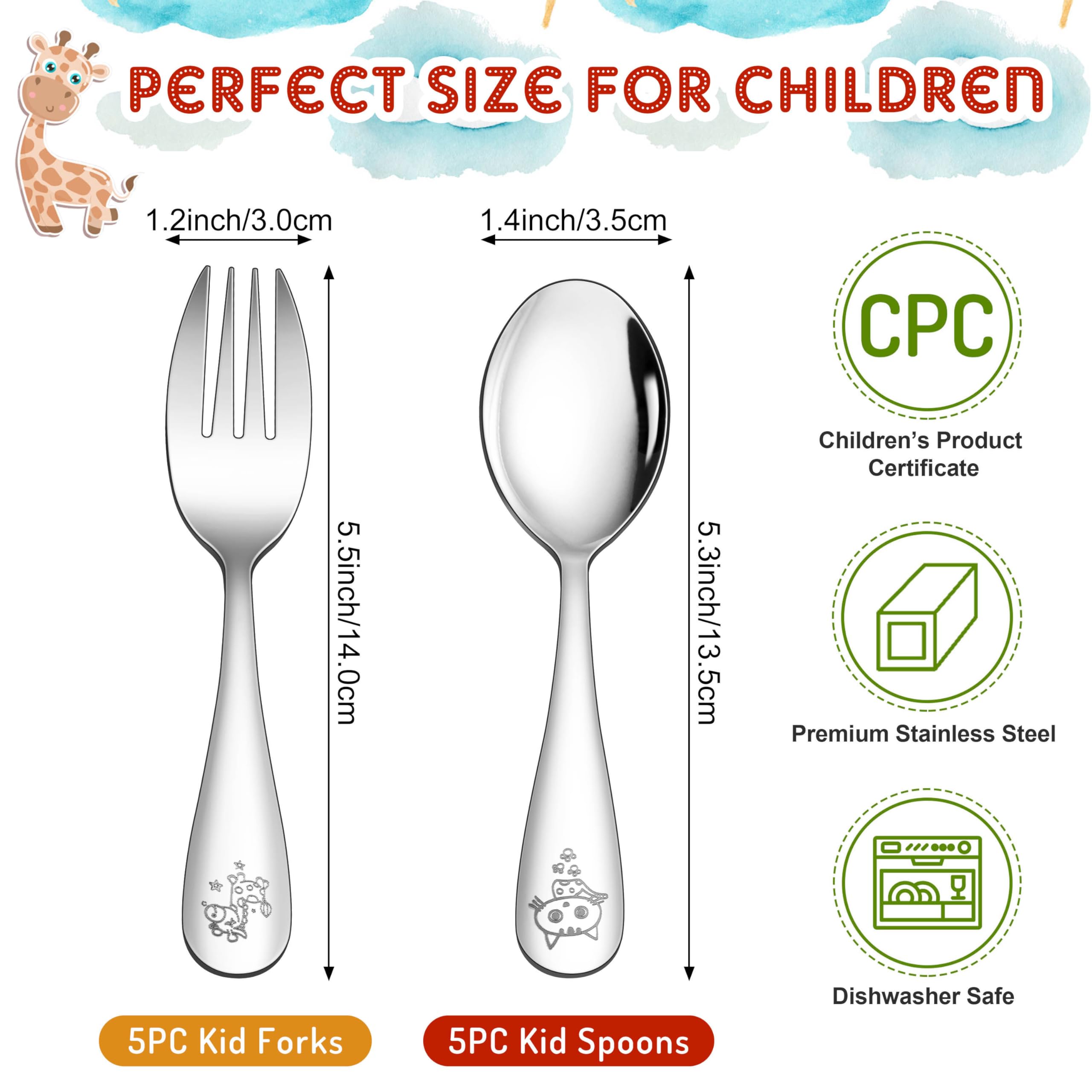 LIANYU 10-Piece Stainless Steel Toddler Utensil Set - Kids Forks & Spoons for Preschoolers | BPA-Free, Dishwasher Safe Cutlery | Perfect for Home, School Lunch & Travel