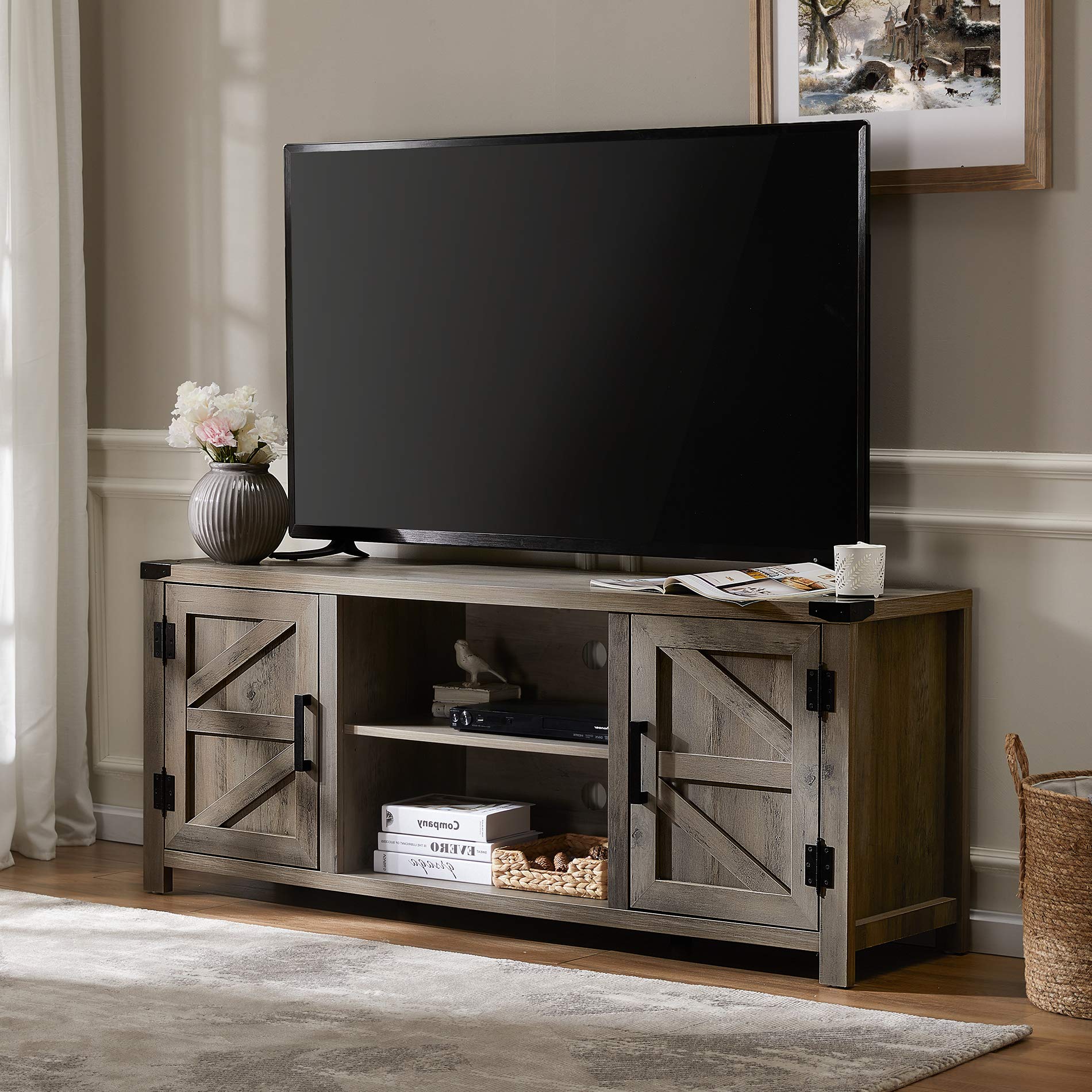 WAMPAT Rustic Gray Wash Farmhouse TV Stand with Barn Doors - Wood Entertainment Center for 65 Inch TVs, Adjustable Shelves & Storage Cabinet - Perfect for Living Room, Home Theater & Farmhouse Decor