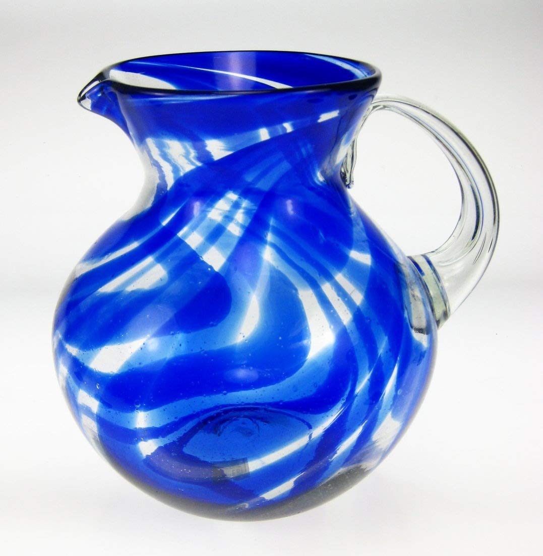 Hand Blown Blue Swirl Glass Pitcher Set with Display Rack - 6 Piece Barware Collection for Iced Tea, Lemonade & Cocktail Serving - Perfect for Home Entertaining, Restaurants & Weddings
