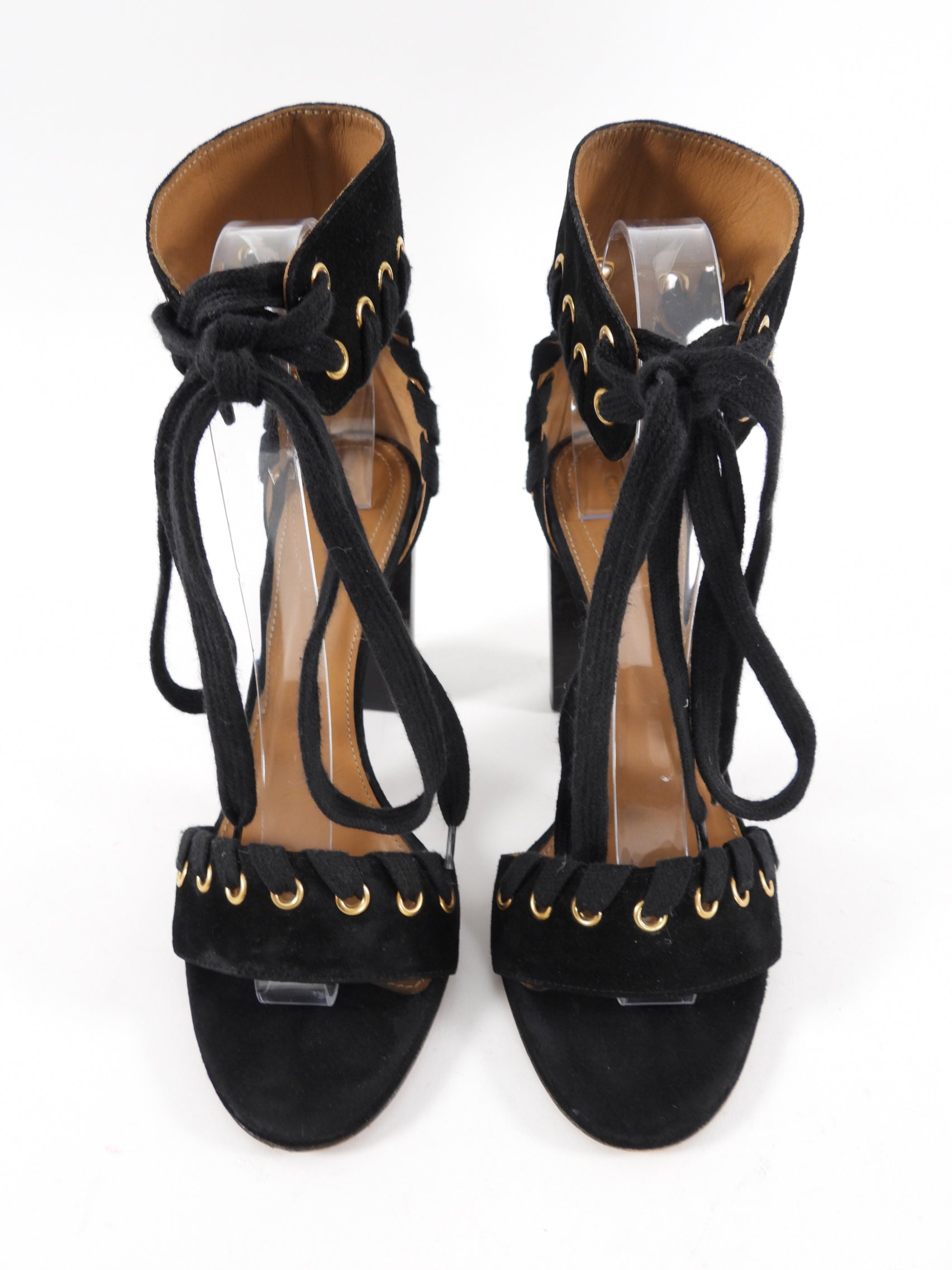 Chloe Black Suede Block Heel Grommet Sandals - Women's Size 38 / US 8 - Comfortable Dressy Summer Shoes for Weddings & Date Nights