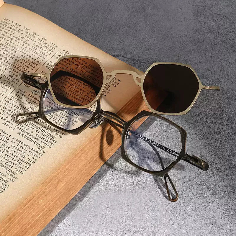 Stylish Unisex Black Titanium Frame Polygon Eyeglasses with Clip-On Sunglasses - Perfect for Outdoor Activities, Driving & Fashion Accessories