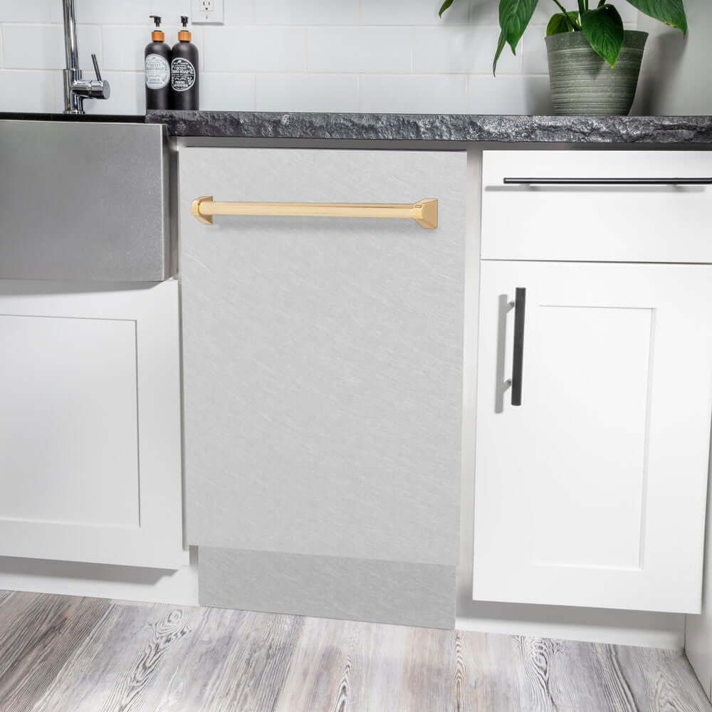 ZLINE Autograph Edition 18-inch Built-In Dishwasher with Satin Stainless Steel Panel & Polished Gold Handle - Tallac Series 3rd Rack, Top Control, Ultra Quiet 51dBa (DWVZ SN 18 G) - Perfect for Modern Kitchens and Luxury Home Renovations