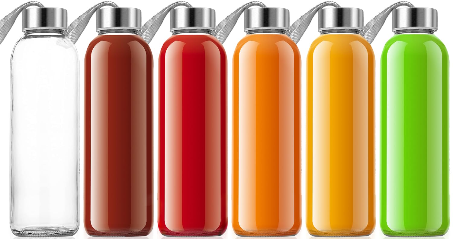QCen 18oz Clear Glass Juice Bottles with Leak-Proof Stainless Steel Lids - BPA Free Reusable Wide Mouth Water Bottles for Juicer Machine (Set of 6) - Perfect for Fresh Juices, Smoothies & Healthy Drink Storage