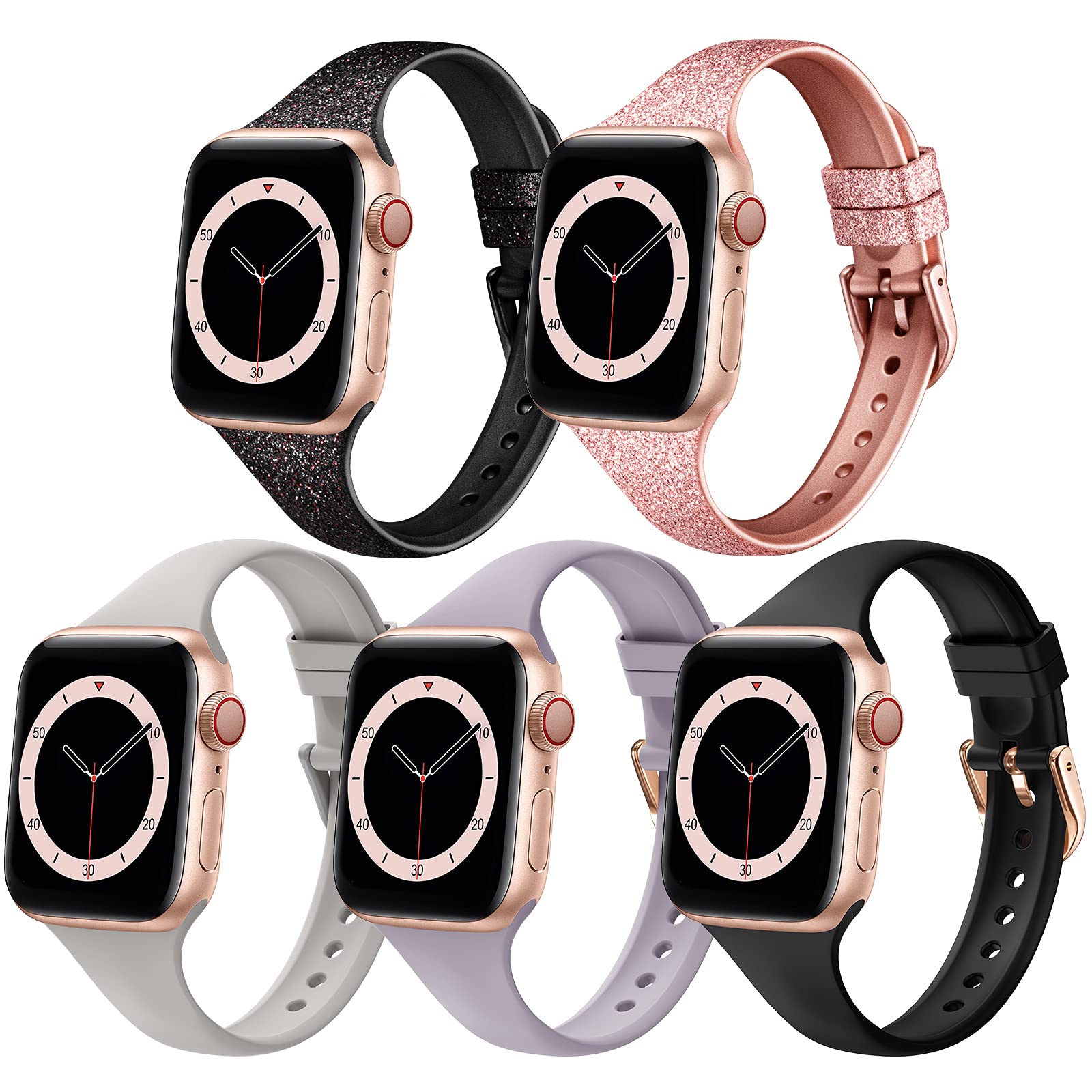 Slim Apple Watch Bands 38mm 40mm 41mm 42mm 44mm 45mm - Thin Soft Silicone Replacement Straps for iWatch Series 7/6/5/4/3/2/1/SE - 5 Pack Sport Wristbands for Women & Men - Perfect for Gym, Running & Daily Wear